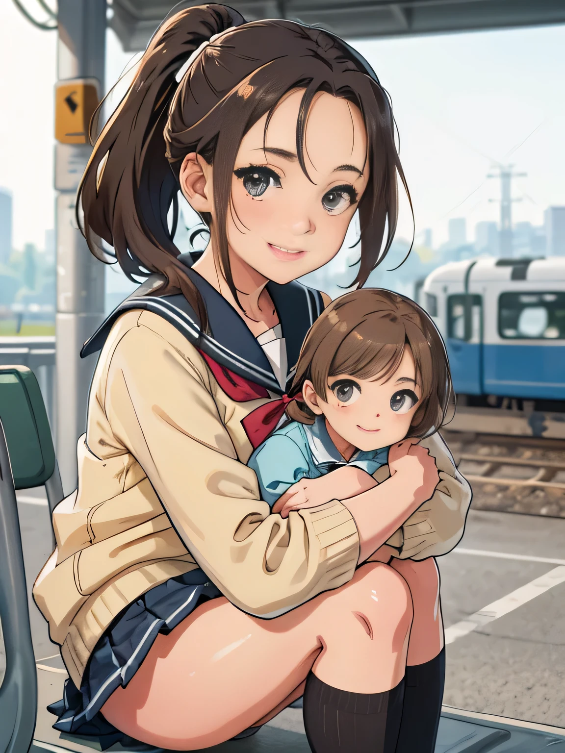 highest quality、High resolution、detailed background、beautiful and detailed face、beautiful and smooth skin、skin texture、professional lighting、Beautiful teenage girl、(three women),Cute hairstyles such as ponytails、Cute colored sailor suit、Cute school cardigan in pastel colors、Plaid pleated mini skirt、knee high socks、on the way to school、Wait for the train at the station platform、laughter、smile、sexual expression、show your whole body、playfully hug、laughter