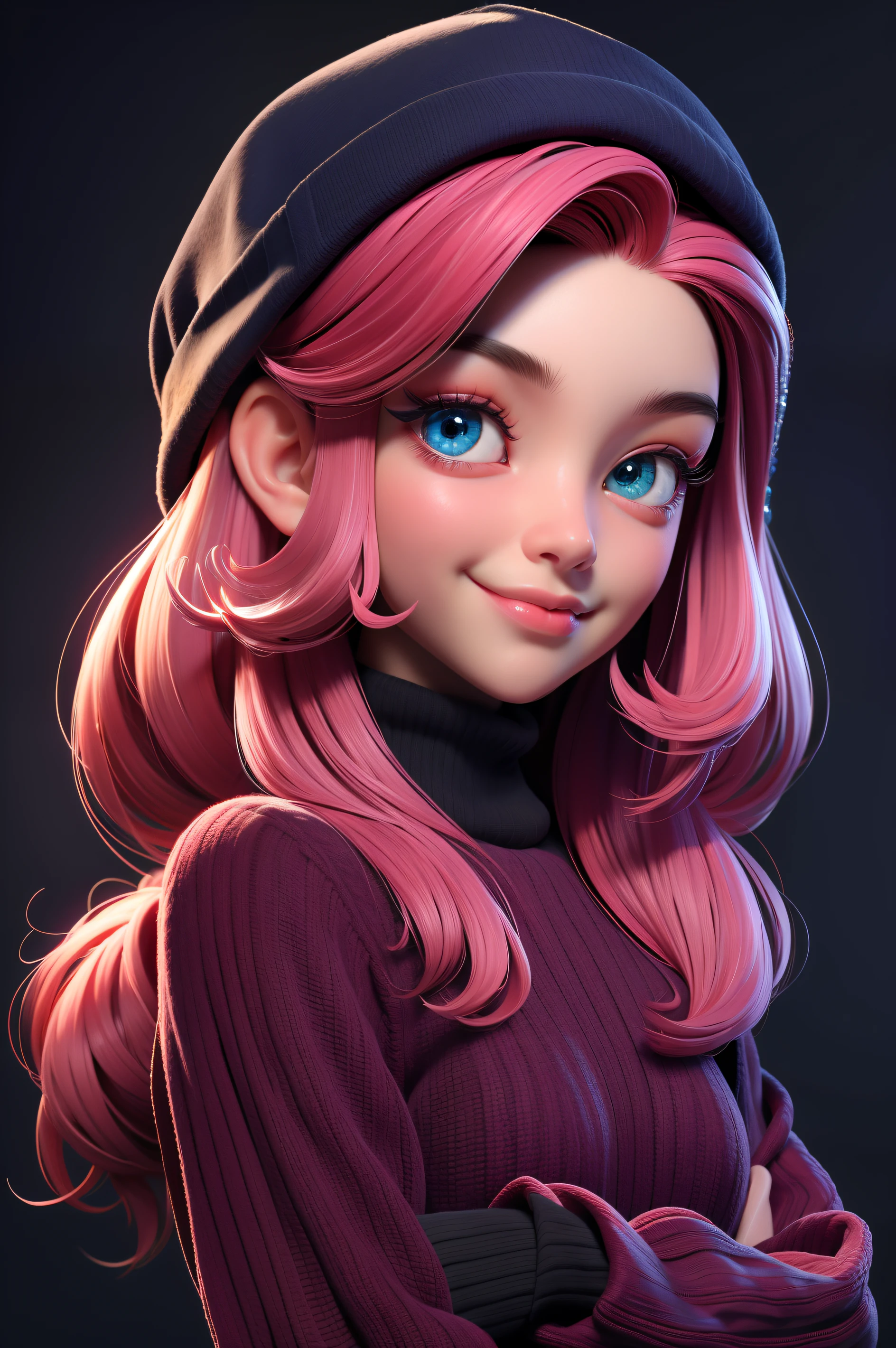 Estilo 3DMM, (obra-prima, qualidade superior, melhor qualidade, arte oficial, handsome and aesthetic: 1.2), (arte fractal: 1.3), 1girl, bonita, alta detalhado, cabelo vermelho com um toque de rosa, olhos verdes, dark ilumination, rosto sorrindo, looking at the sky, heaven, medium shot, black sweater.