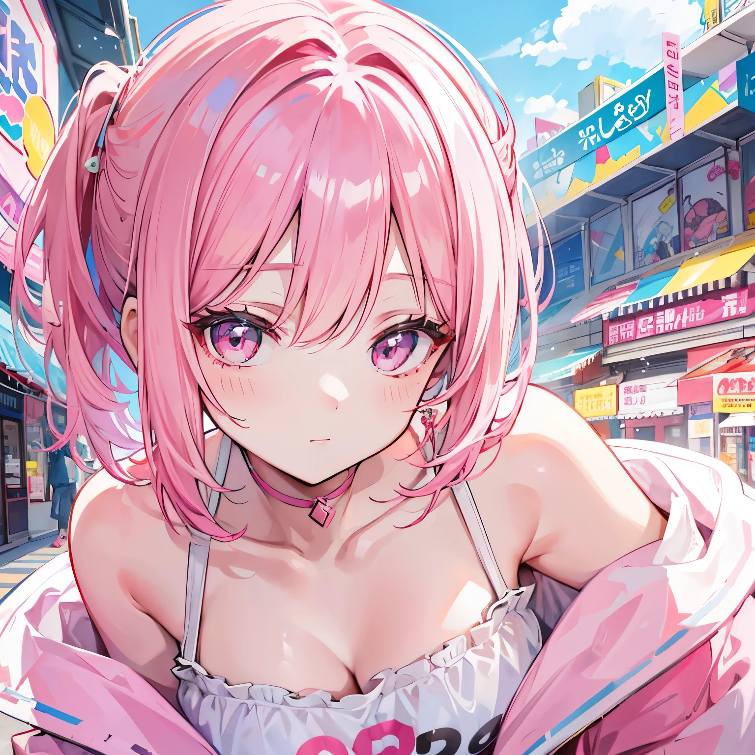 extreme close up, Short off-shoulder hair in pink and white,Rin々nice and lovely girl, In the arcade