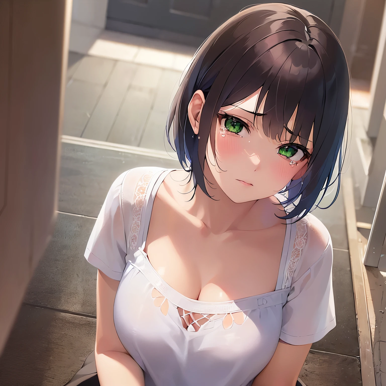 shooting from above、Realistic, real person, RAW photo, photorealistic, portrait photography, shiny skin, japanese idol、(20 year old woman with bangs), (green eyes:1.5) and (brown hair) and (bob cut) and (wavy hair), (White Short sleeved blouse:1.3)、wearing a miniskirt、cleavage, (tears:1.3), sad, Alone、Are standing、Background outside