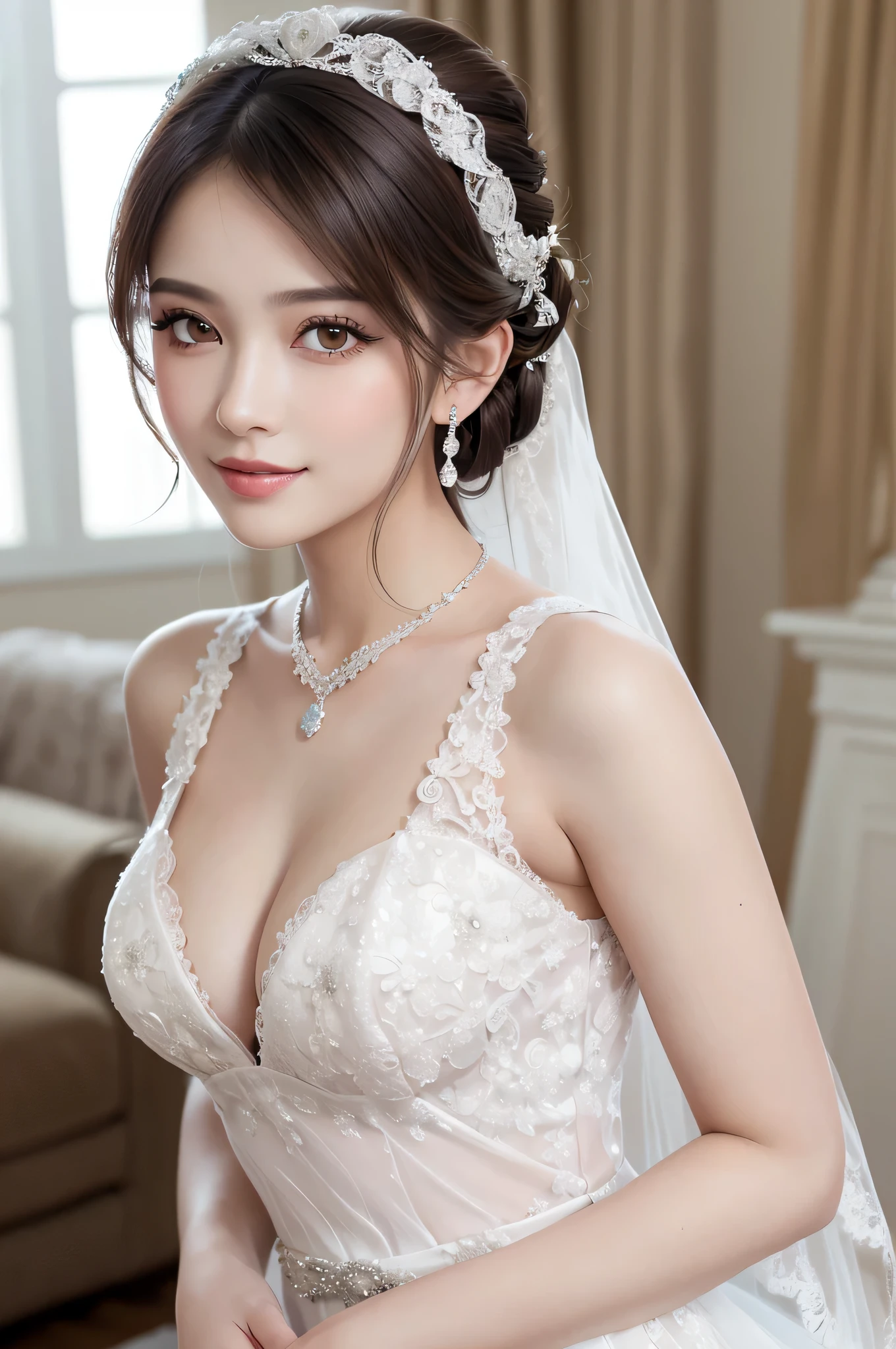 (1girl), Updo hairstyle, Princess, Extremely cute face, Amazing face and eyes, (Highly detailed eyes, Highly detailed face), fresh, Very clean appearance, (Hyper-realistic, hight resolution), (Best Quality:1.4), (hyper quality), Authentic skin texture, Raw photo, (Realistic, Photorealsitic:1.37), highly detailed, Professional Photography, (beautiful lace bridal dress:1.5), (lace bridal dress with open front), (:1.2), (Bare shoulders), Smile slightly, (Staring at me), luxurious tiara, luxury accessories, necklaces and earrings, (luxury living room:1.3), girl portrait,