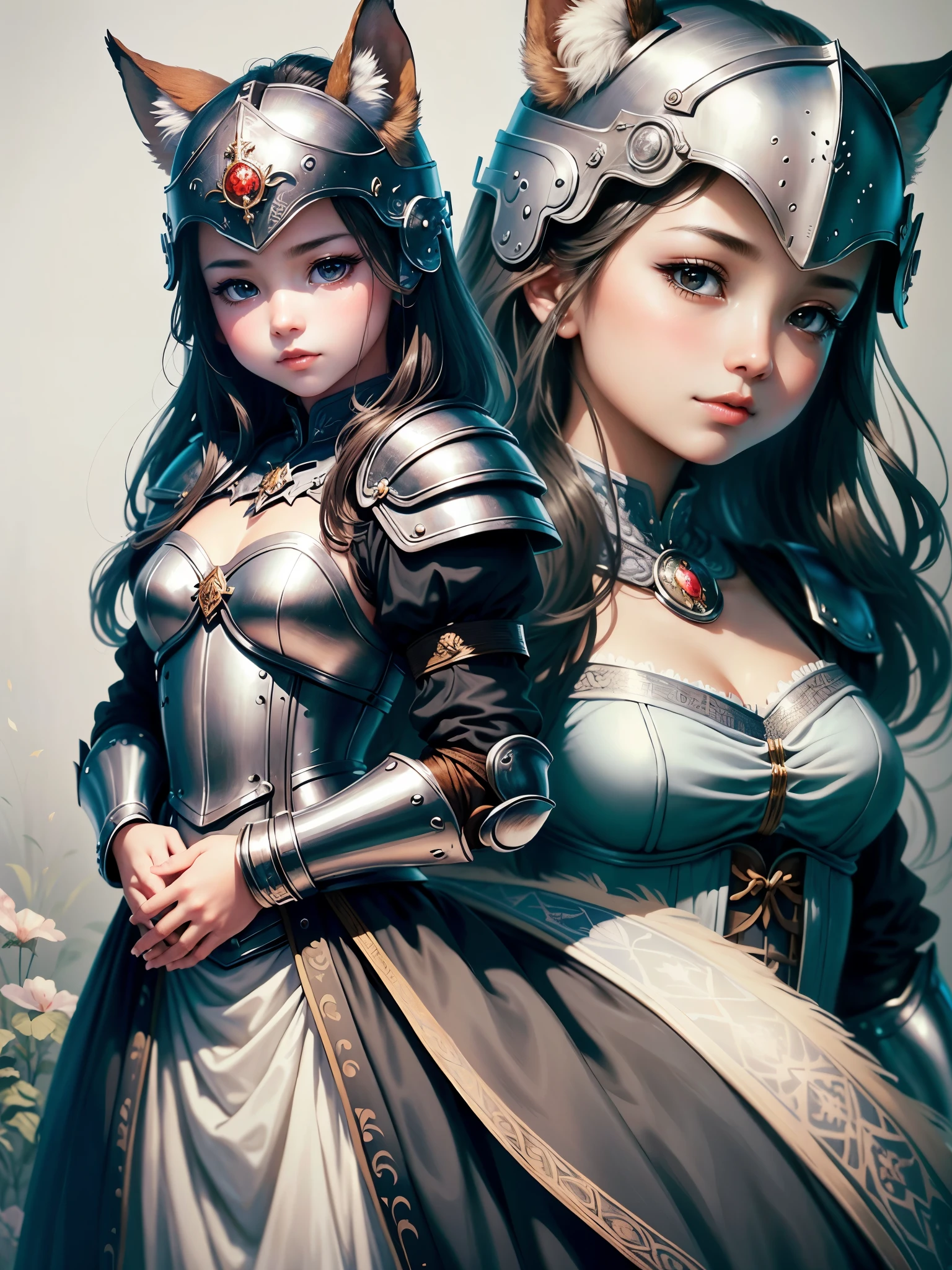 (masterpiece、highest quality、highest quality、detailedで複雑な、official art、beautiful and aesthetic:1.3)、(1 girl:1.3)、(((Enchanting eyes)))、detailed、Glossy skin、((medieval armor and helmet)) 、Super realistic detailed decoration、(silver costume)、Brave、(fractal art:1.3)、Brilliant、緻密detailed、fantasy art、with a natural fox、Blur background．