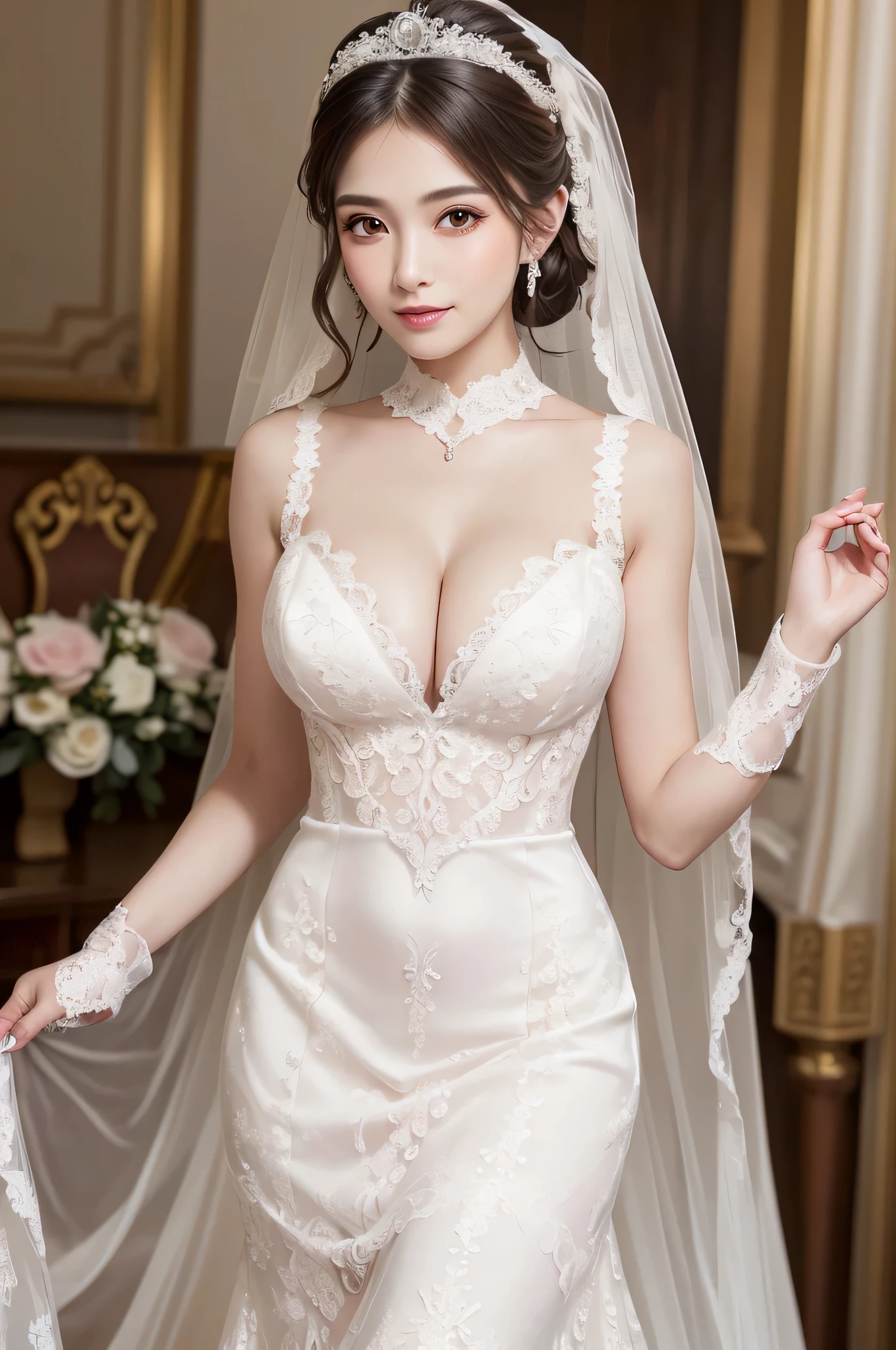 (1girl), Updo hairstyle, Princess, Extremely cute face, Amazing face and eyes, (Highly detailed eyes, Highly detailed face), fresh, Very clean appearance, (Hyper-realistic, hight resolution), (Best Quality:1.4), (hyper quality), Authentic skin texture, Raw photo, (Realistic, Photorealsitic:1.37), highly detailed, Professional Photography, (beautiful lace bridal dress:1.5), (lace bridal dress with open front), (cleavage:1.2), (Bare shoulders), Smile slightly, (Staring at me), luxurious tiara, luxury accessories, necklaces and earrings, (luxury living room:1.3), girl portrait,