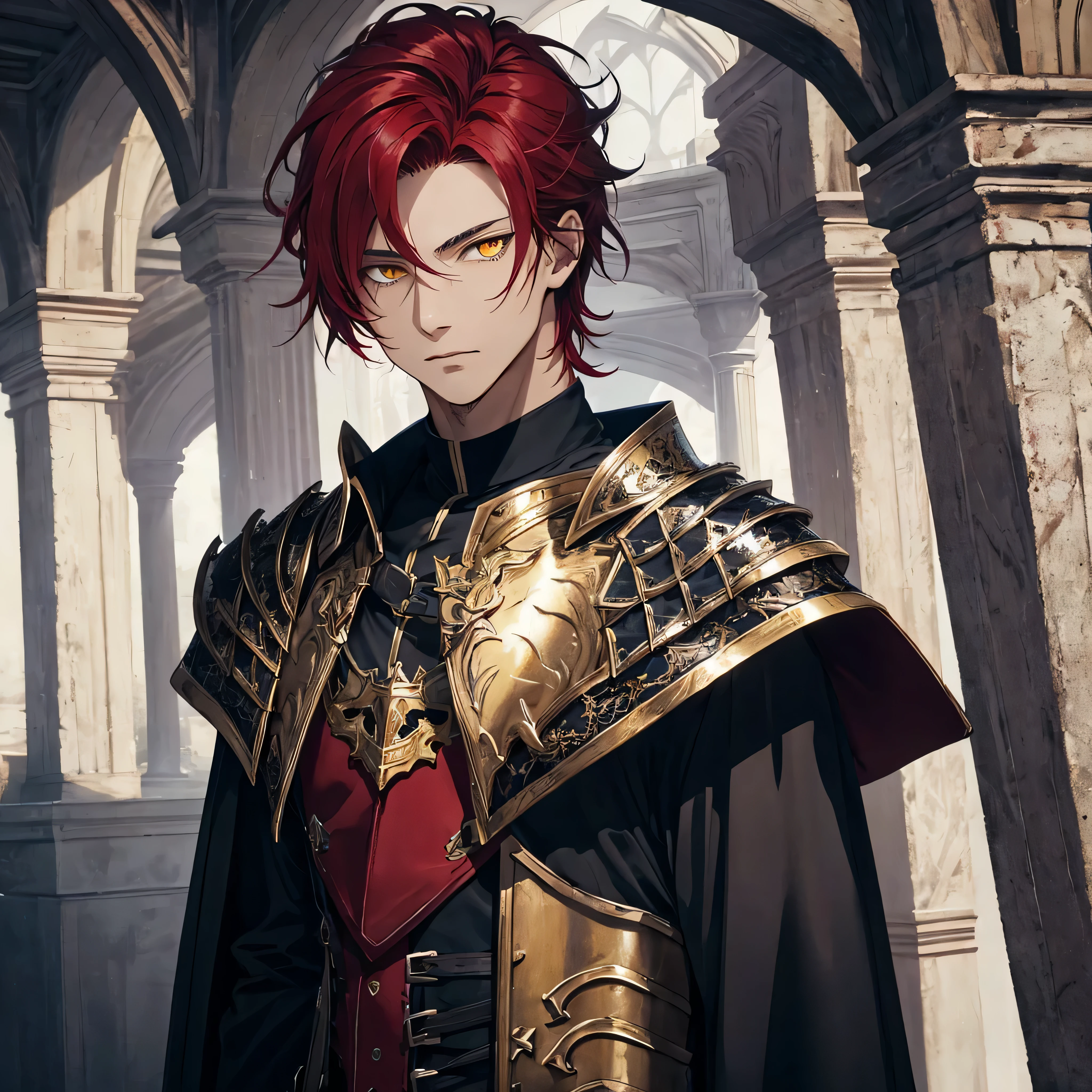 masterpiece, best quality, 1man, adult, brown skin, male focus, solo, side shaved hair, red hair, vibrant yellow eyes, looking at viewer, cape, High quality metal texture, closed mouth, upper body, bangs, high collar,(kbxll:0.6), Fantasy aesthetics, Highly detailed, shadowverse style, black metal armor outfit