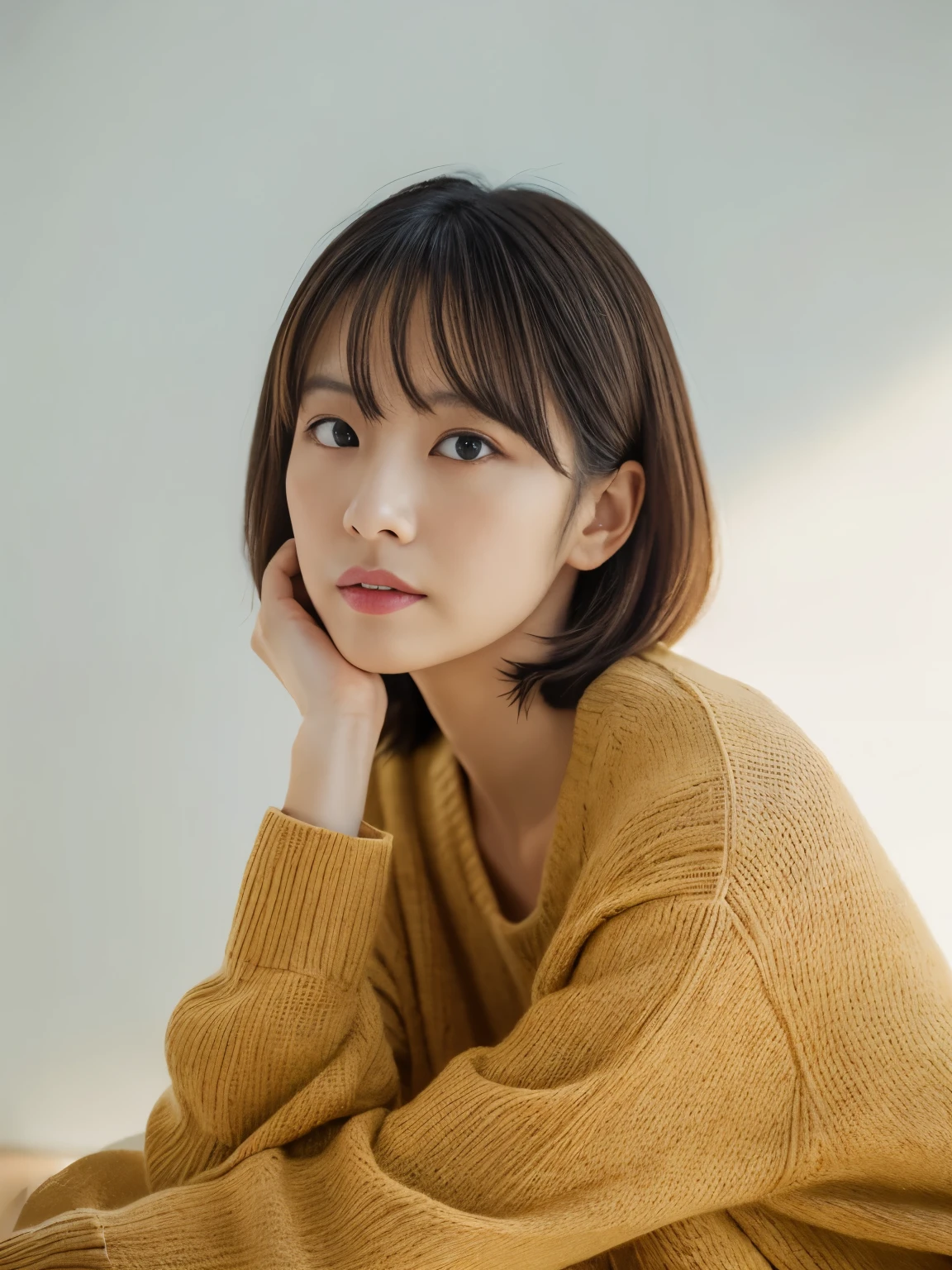 ((masutepiece,top-quality)), (photographrealistic:1.4),(((masutepiece,8K)),white wall,(white room),((full body photo))),shot in natural light,highly detailed face and skin texture,highly detailed lips,correct state of the human body,Superhigh resolution, 38 years old, s, 60mm lens, long sleeve sweat,(medium hair),Japanese woman,(beige hair),natural lip color