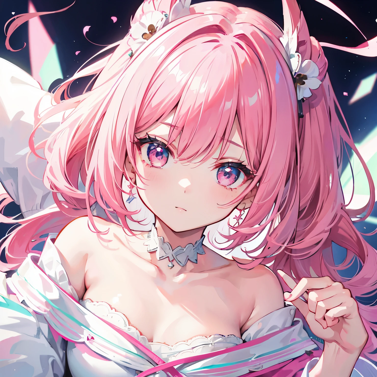 (Highest quality, 8k, 32K, masterpiece, Ultra-high resolution,:1.2),to be born, One Girl,So cute , hair ornaments, Pink Eyes, Multicolored Hair,Upper Body,Pink Hair,dress, collar, A fantasy background reminiscent of an electronic world, clear, Shining Eyes, Age 25 ,Fair skin, Pink Haired Girl, Fantasy Clothing, Long Hair, An innocent smile, Large Breasts, Magical Girl, Uses magic, god々Shining brightly , The proof is right ,Twin tails