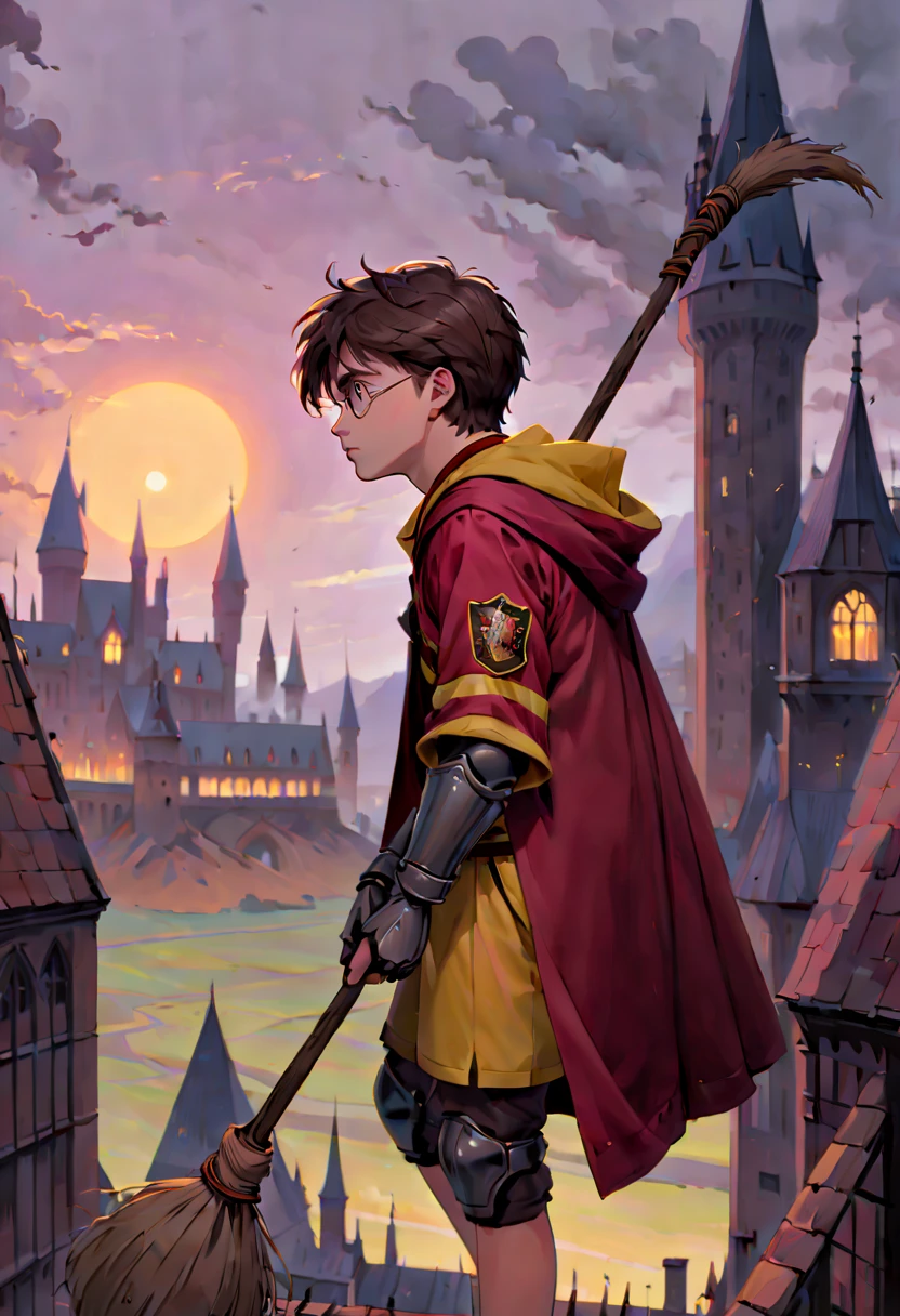 anime art, anime coloring, a boy wearing a gryffindor quidditch uniform, elbow protections, armor, trausers, yellow robe, witch broom, hogwarts, gryffindor emblem, low angle, muted colors, dark palette, hazy twilight, (looking away, looking far:1.3), (best quality, masterpiece, Representative work, official art, Professional, Ultra high detail, 8k)