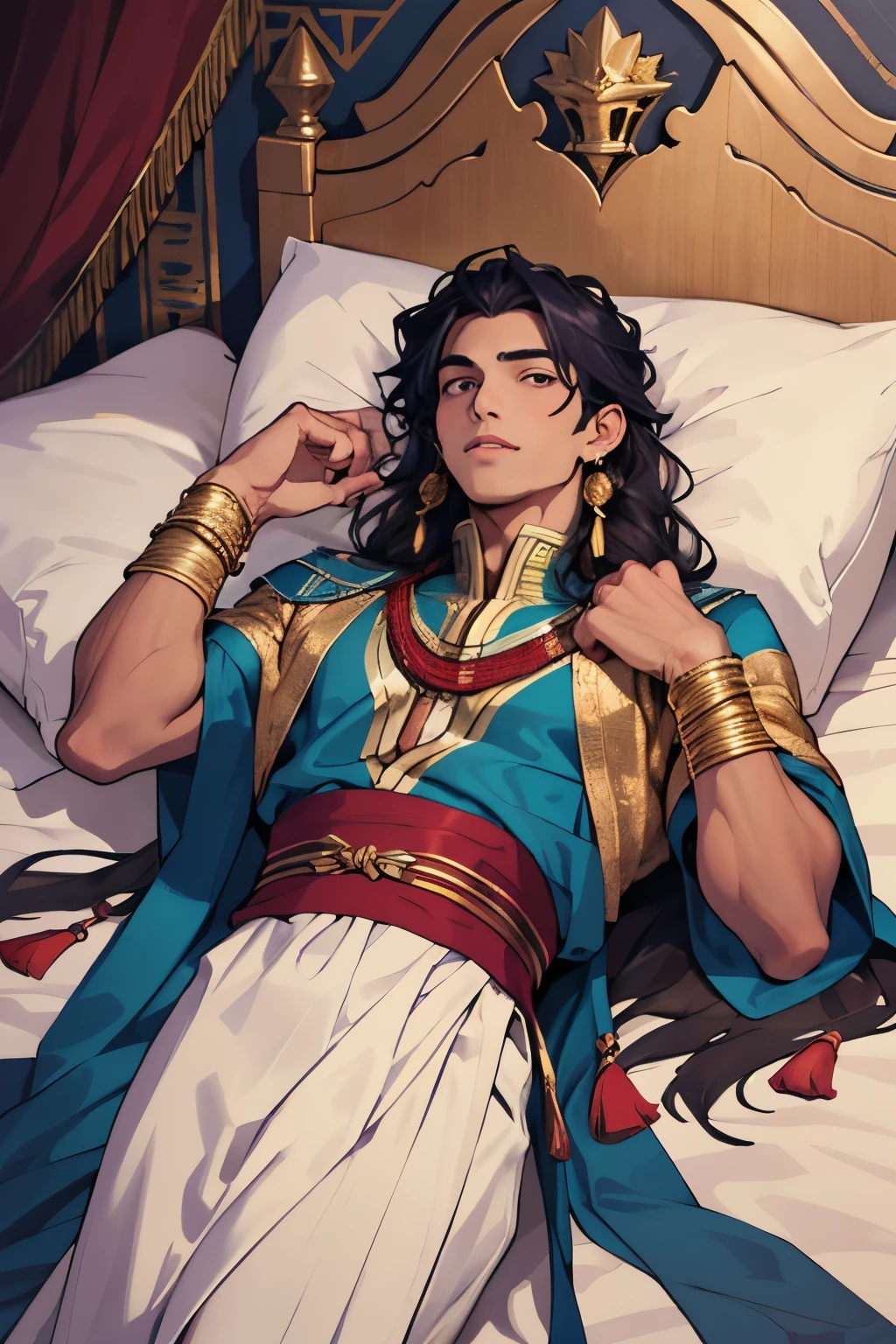 one cute boy, Egyptian prince, lying on the bed, purple pillows, tassels, rubies, sapphires, long hair, sweet face, gold bracelets and earrings, silks,