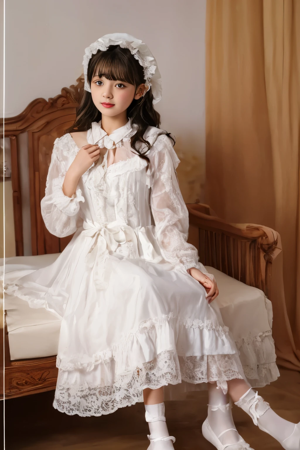,highest quality, masterpiece, highest resolution, artwork, super それにget used to it, many get used to it, get used to it, それにget used to it, 3K realistic photos,,(( girl)),Super detailed baby face,
girl illustration,detailed beautiful face detailed hair,detailed human eye ,detailed mouth, arm details,detailed hands,
european,(((Blonde with super long rolls))),blue eyes,pajamas,night wear,((((white nightgown)))),((フリルとリボンが沢山付いたwhite nightgown)),((1920 style nightgowns)),,((headdress with frills and ribbons)),victorian nightgowns,Yoke collar with ruffles and ribbons,Long sleeves with ruffles,Long skirt up to the ankle,((The whole body is reflected)),white ruffle and lace socks,Pillow with large frills and ribbons wearing slippers with frills and ribbons,detailed costume,Detailed pillow,