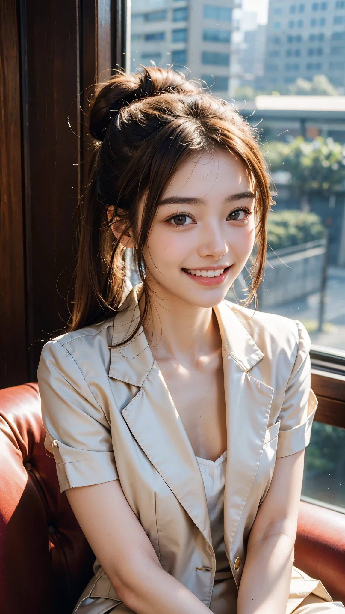 highest quality, masterpiece, ultra high resolution, (realistic:1.3), (close portrait) RAW photo, 1 girl, 22 years ago,(((business suit))),((long hair bun hair)),masterpiece, realistic pictures, japanese pictures, fuji negative film,Pocari Sweat Advertisement ((Medium chest)),((smile showing teeth)),brown hair,