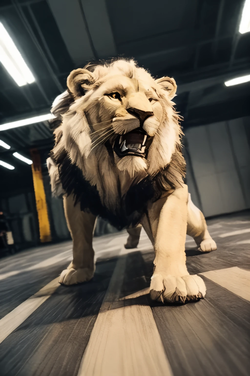 Tied lion, Cybertech wild white lion attacking, top-angle View, DSLR, Motion Blur 