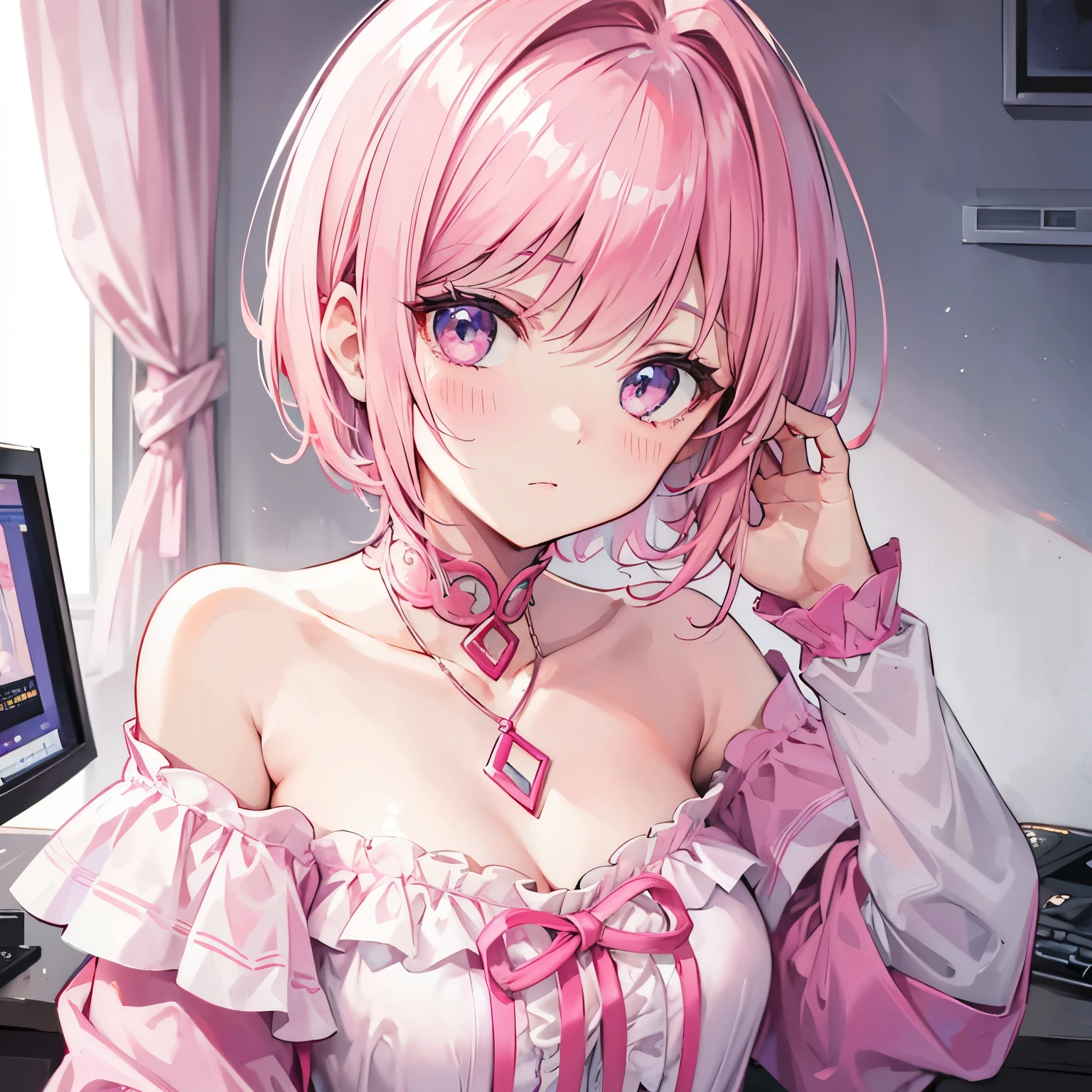 Short off-shoulder hair in pink and white,Dignified and wonderful Girl, extreme close up face, in a game center