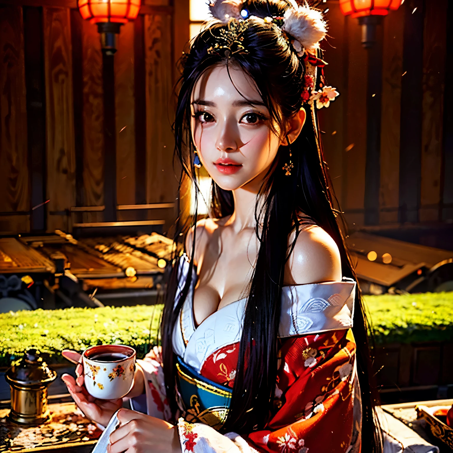 Araf woman in kimono holding a cup of tea, guweiz style artwork, palace , A girl wearing Hanfu, japanese goddess, Popular topics on cgstation, Beautiful digital artwork, guweiz, white hanfu, Chinese girl, elegant japanese woman, beautiful fantasy queen, fantasy art style, hanfu