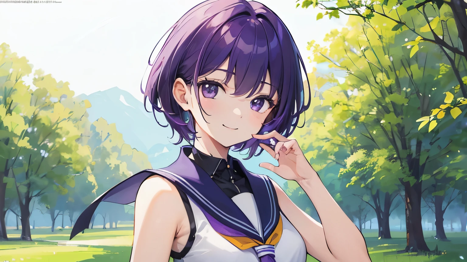 (T Masterpiece，4k wallpaper，best quality))、((girl１people))、(solo)、Brilliant，(purple hair)、(shortcut:1.3)、smile、school uniform、tank、grassland