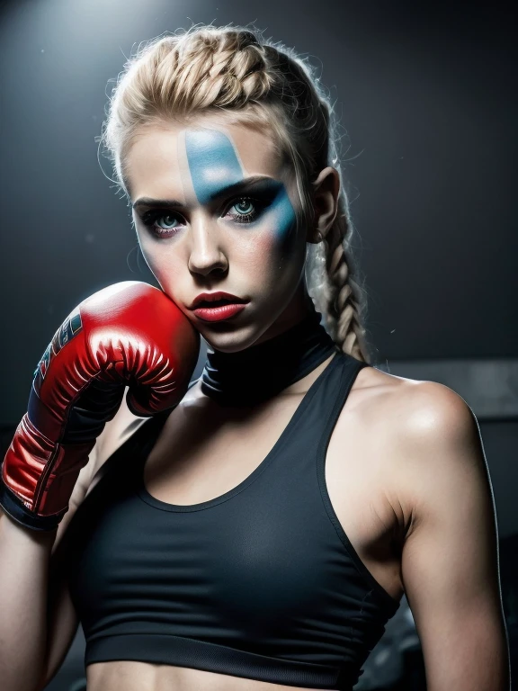 Retrato de Scarlett Johansson (with red and blue suicide squad makeup) linda de 25 anos brava, nervosa, bad girl, it teeerious, malvada, brava, irritada, cara de mau, bela brasileira, in fighting position, boxing gloves on hands, hands at chin height, she stretches her hand high, bunda grande perfeita, nua, coxas grossas e fortes, with braided hair beautiful eyes, olhos azuis brilhantes, pele extremamente detalhada, pele com ferimentos, bota de salto alto brilhante, calcinha transparente, usando top curta brilhante, em sala fechada, Parede com ladrilhos de metal preto, (discoteca escura, luz escura e mal-humorada: 1.2), (foto de corpo inteiro).