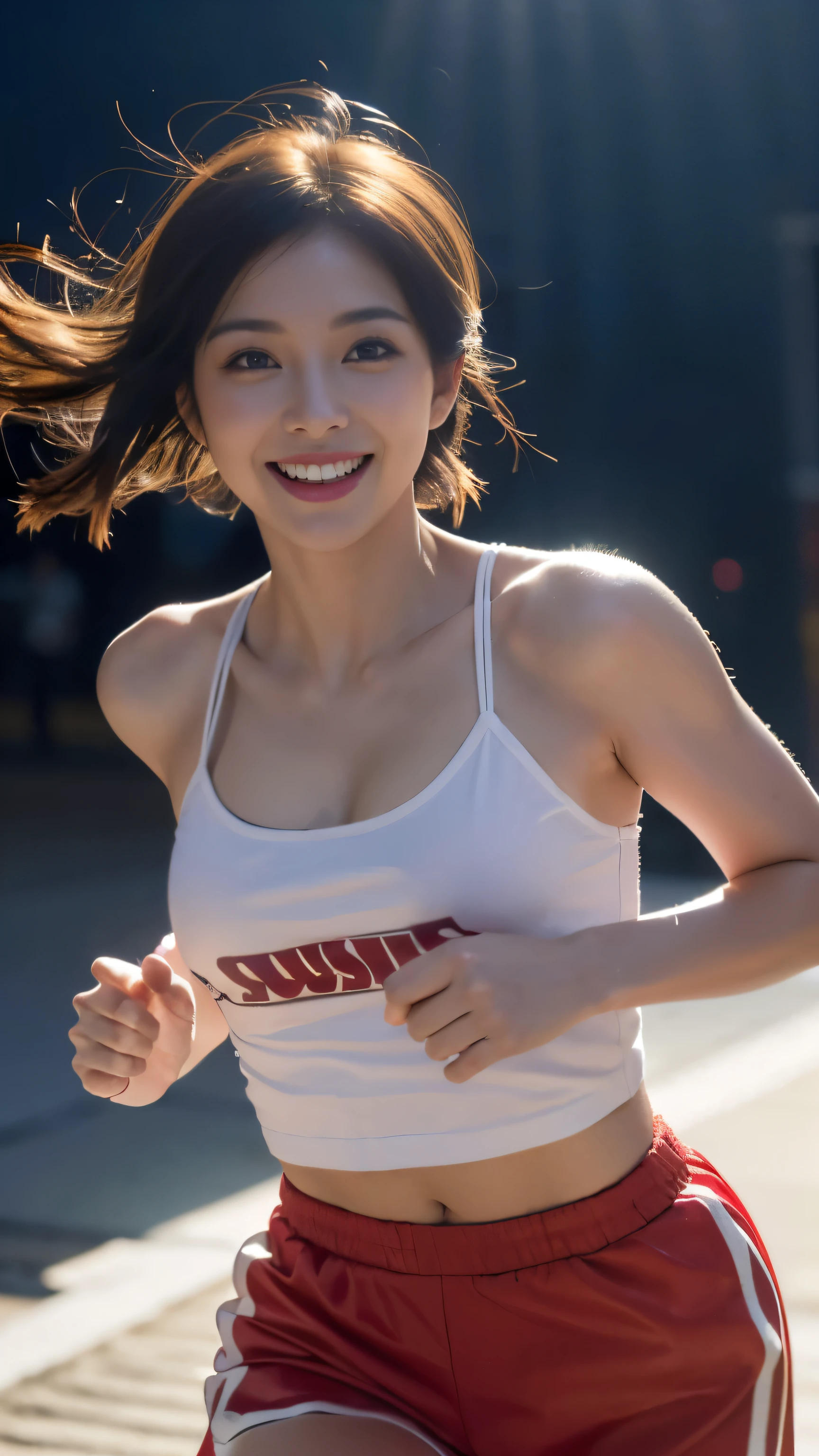 (table top:1.2), (highest quality:1.2), (High resolution:1.2),
1 girl, Are standing, (cowboy shot:1.3), (camisole:1.5), (hot pants:1.2), (Big Breath:1.2), (running:1.5), 
(cute smile:1.3), live stage, (dark:1.5), (Spotlight:1.2), 