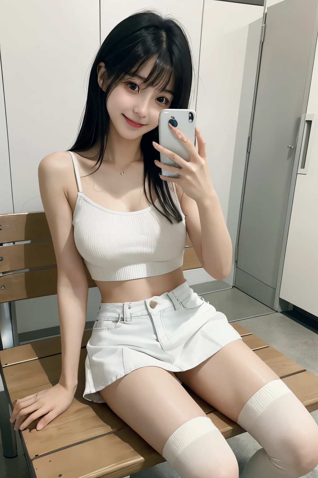 ((realistic lighting, highest quality, 8K, masterpiece, medium shot: 1.3)), clear focus: 1.2, 1 girl, perfect figure: 1.4, plump bust,((black hair)),((With bangs)),(tennis wear: 1.4), in the gym changing room, sitting on a chair,white ankle-length socks,white sneakers,super fine face, fine eyes, double eyelid,(White pleated mini skirt), open your legs,White panties are visible,He has a black smartphone in his right hand.,Taking a selfie with his arm outstretched holding his smartphone,Your face is hidden by your smartphone,left hand is on the floor