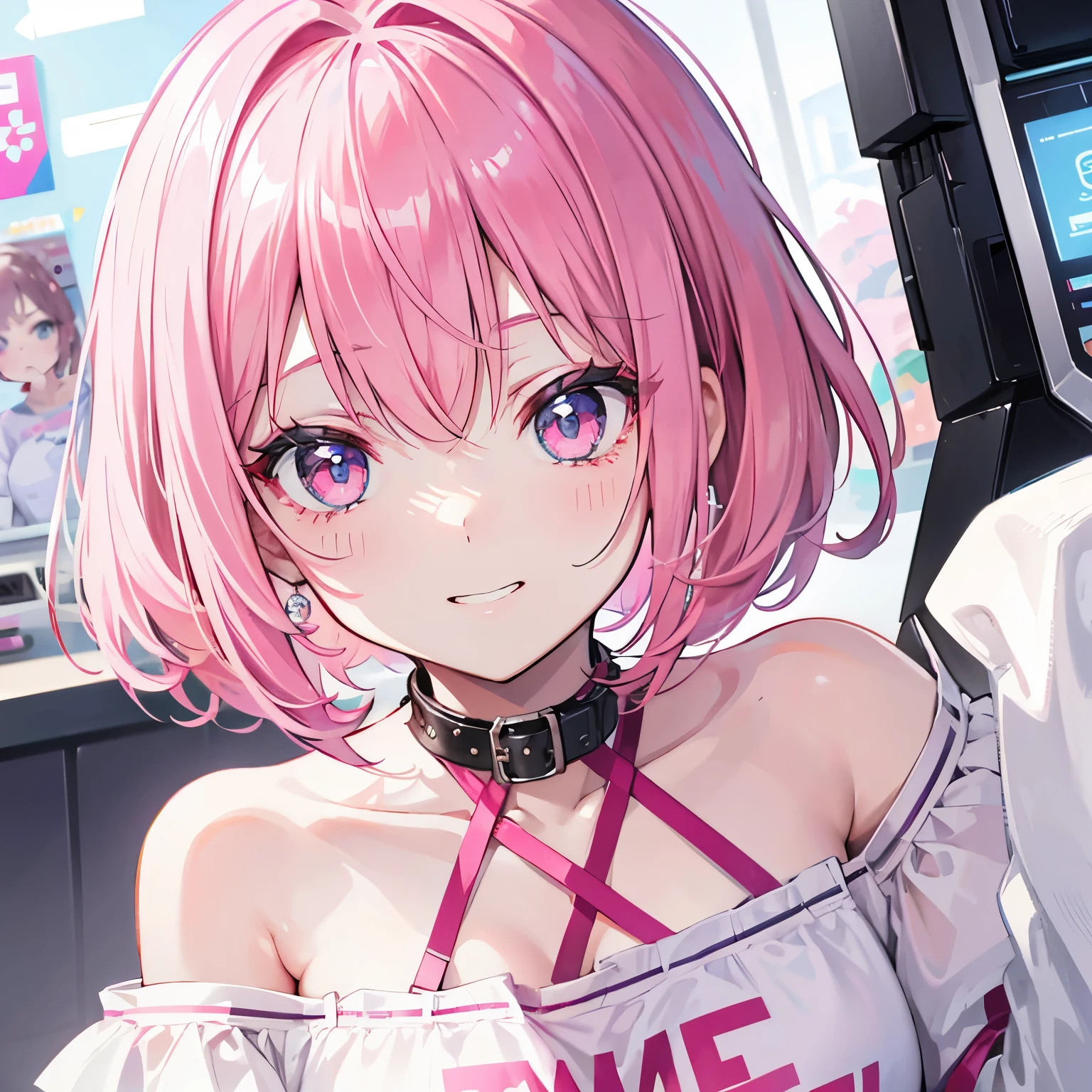 extreme close up face, Short off-shoulder hair in pink and white,Dignified and wonderful Girl, in a game center, grin