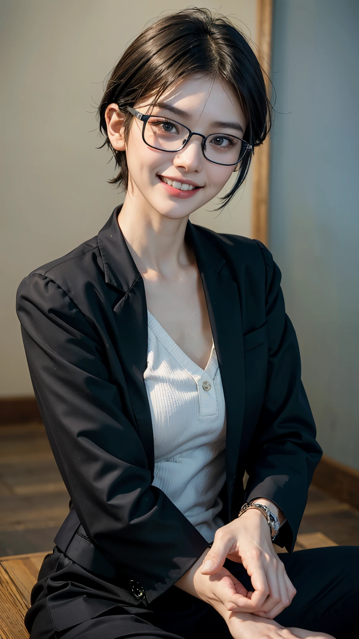 highest quality, masterpiece, ultra high resolution, (realistic:1.3), (close portrait) RAW photo, 1 girl, 22 years ago,(((business suit))),((Square glasses with thin black frames)),((short cut wolf cut hair)),masterpiece, realistic pictures, japanese pictures, fuji negative film,Pocari Sweat Advertisement ((Medium chest)),((smile showing teeth)),black hair,