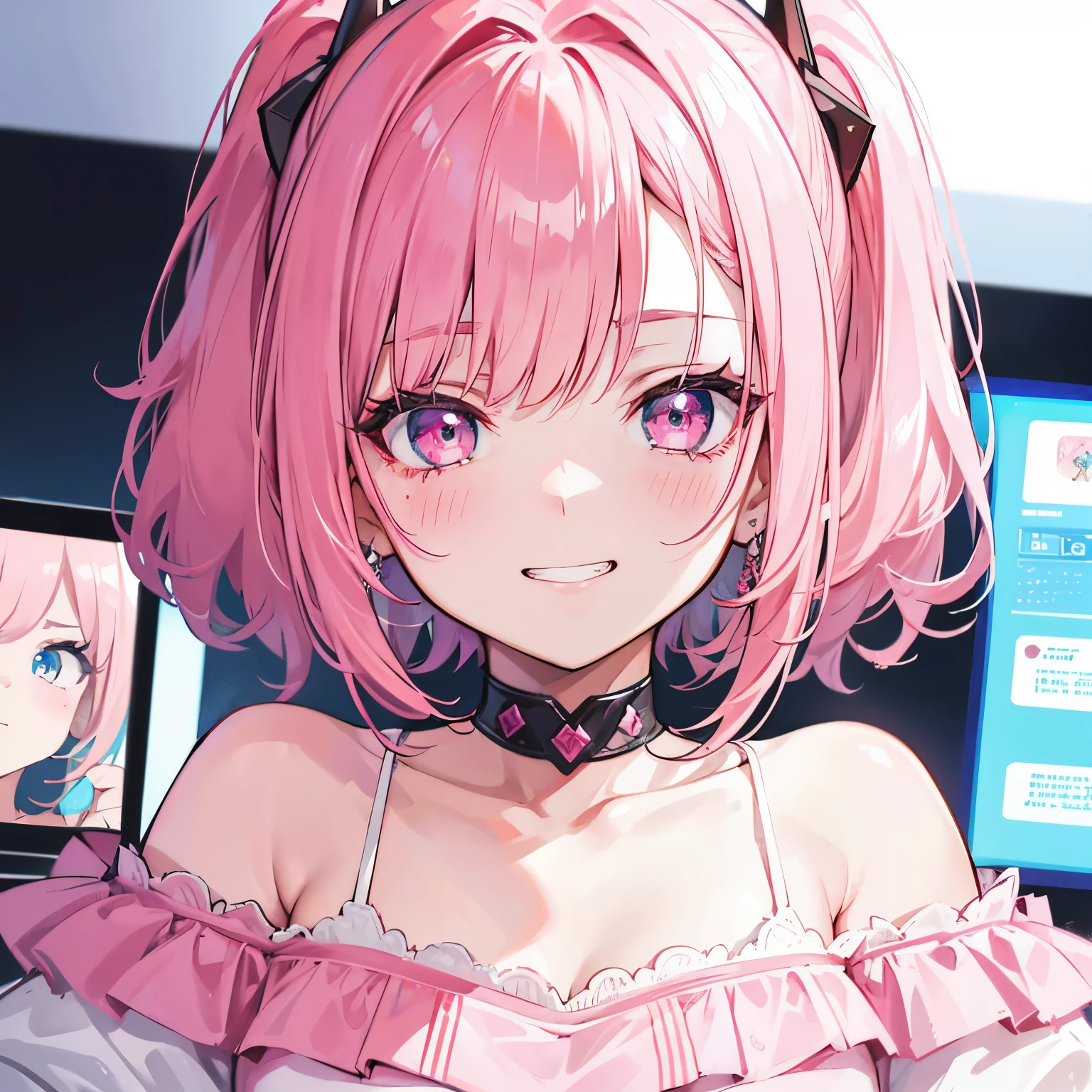 extreme close up face, Short off-shoulder hair in pink and white,Dignified and wonderful Girl, in a game center, grin