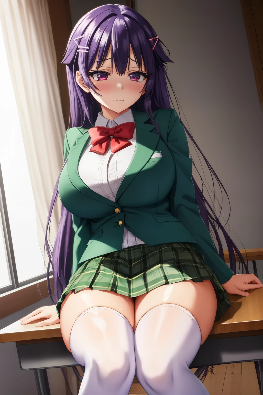 ((Best quality)), ((masterpiece)), ((perfect composition)), ((perfect anatomy)), illustration, high-res, prefect lighting, (dynamic angle), (((clean and clean))), absurdres, (((clean and clean))), 1girl, sole, chizuruchankaihatsunikki, full body, sit on school chair, hold a pen, licking pen, prefect body, purple hair, long hair, hairclip, purple-red eyes, school uniform, green jacket, green pleated skirt, (red_choker), (femdom), slightly spread legs, no panties, pussy, looming detailed pussy, juice, pussy juice, pussy sharp, black highthighs, (((zettai ryouiki))), enchanting expressionless, scowling, (femdom), enchanting expressionless, embarrassed, happiness, yandere trance, yandere, (detailed face description), (detailed eyes description), advanced cg, amazing quality, octane rendering, ((large lecture room)), huge interior, (audience sit, students), ahegao, orgasm, surrounded by lots of school friends, (5+grils on background, standing, talking, school uniforms, green pleated skirts, happy), Bikini