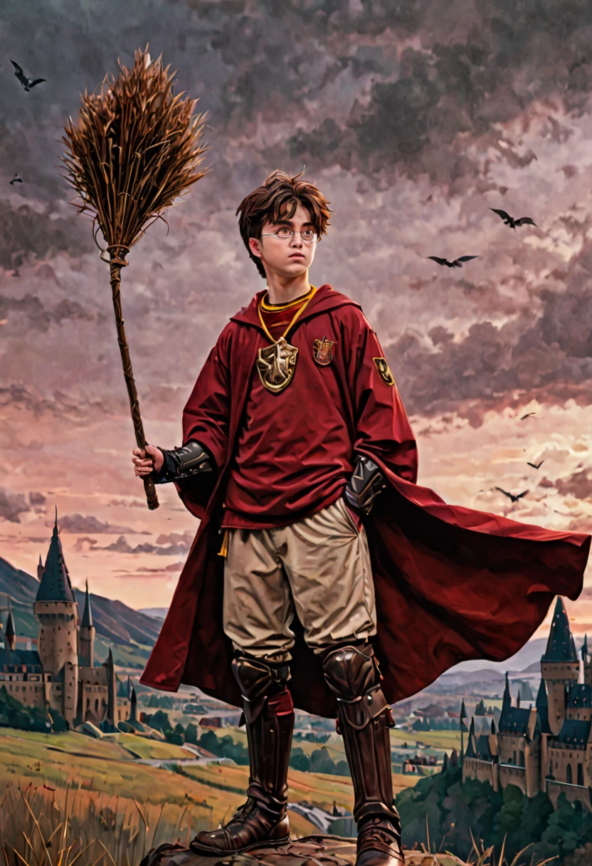 anime art, anime coloring, a boy wearing a gryffindor quidditch uniform, elbow protections, armor, trausers, red robe, witch broom, hogwarts, gryffindor emblem, low angle, muted colors, dark palette, hazy twilight, (looking away, looking far:1.3), (best quality, masterpiece, Representative work, official art, Professional, Ultra high detail, 8k)