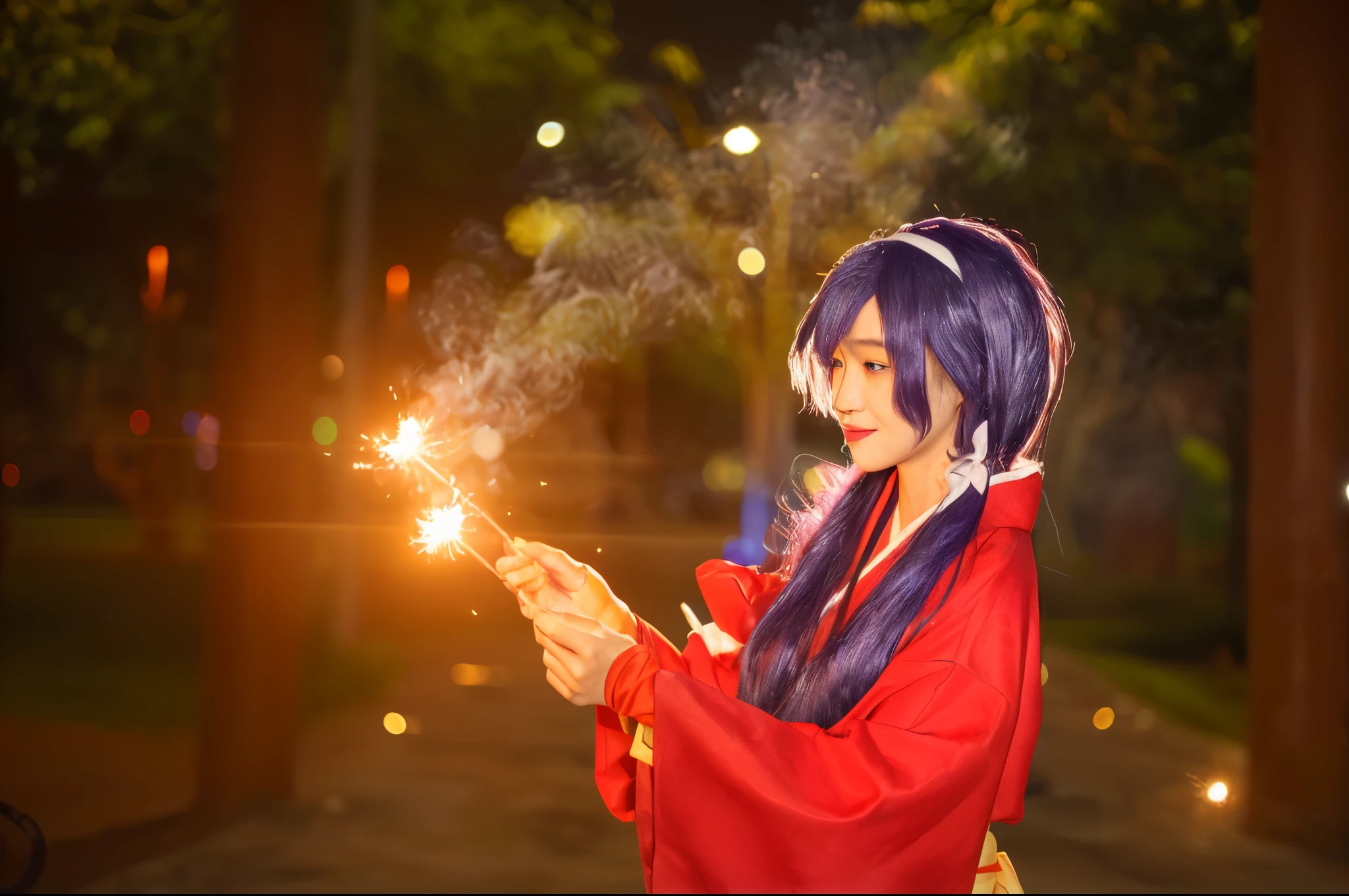 ((Asian girl)), her standing in the park:1.2, there is a woman in a red kimono holding a sparkler, kitsune holding torch, anime girl cosplay, anime cosplay, casting fire spell, fox nobushi, cosplay photo, fire mage, firework, female mage conjuring a spell, fireworks, cosplay, the sorceress casting a fireball, casting a fire spell, fire spell, professional cosplay, 4K, realistic texture, photorealistic:1.6, photo raw:1.66, high-quality, ultra quality:2, super realistic, ((real hair:1.633)), ((perfect face)), ((perfect beautyful eyes)), ((perfect lip)), ((mini smile)), REAL SKIN:2, (purple hair:1.163)

