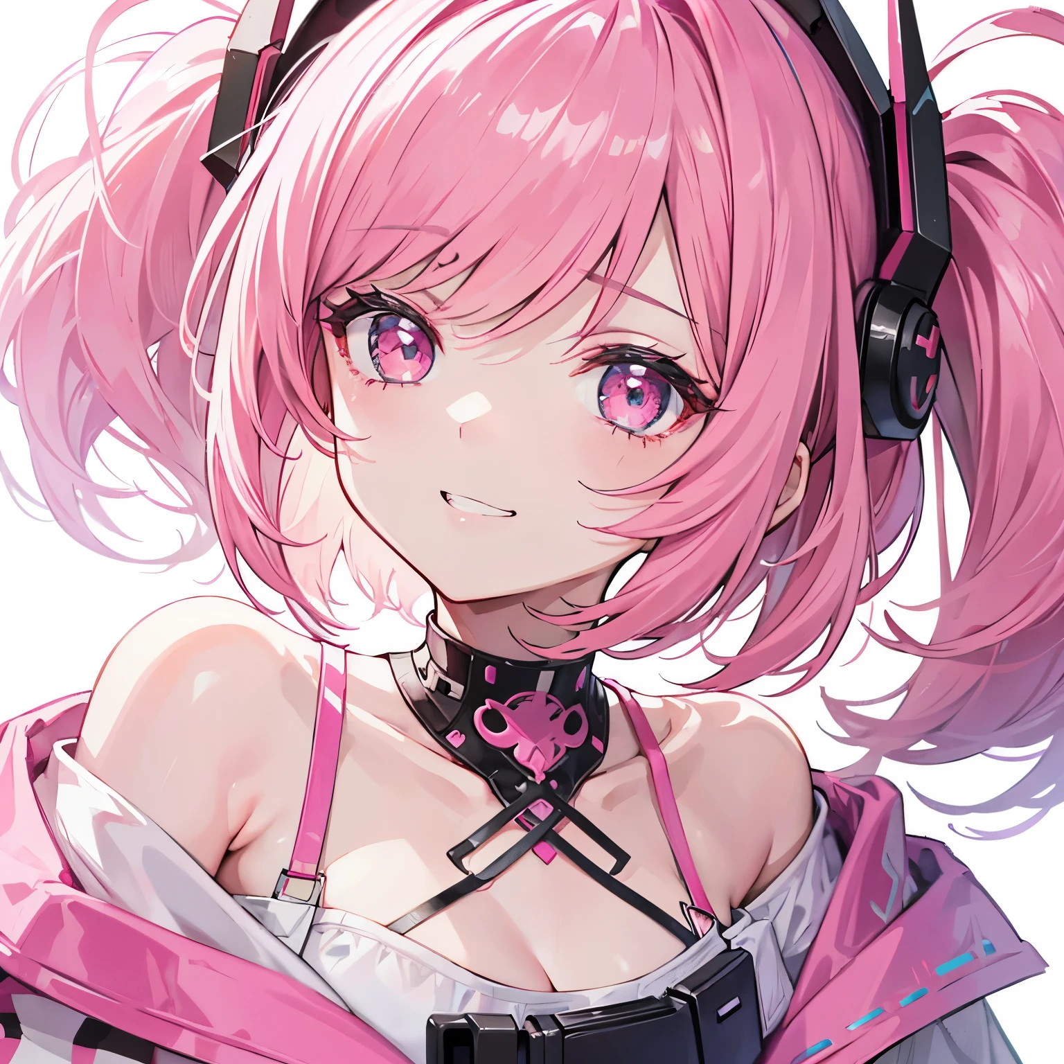 ,beautiful flower々),mole under eye, heart shaped choker, (masterpiece, highest quality), official art, beautiful and aesthetic: 1.2), (1 girl), very detailed, (geometry art: 1.3), colorful,headphones,DJ、Pink bob hair、rabbit ears
