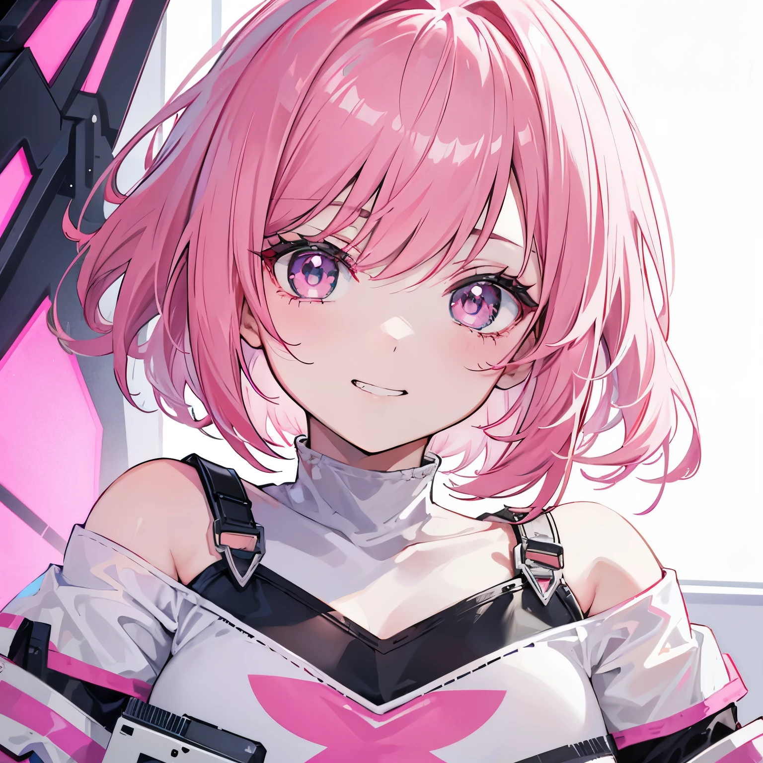 extreme close up face, Short off-shoulder hair in pink and white,Dignified and wonderful Girl, in a game center, grin