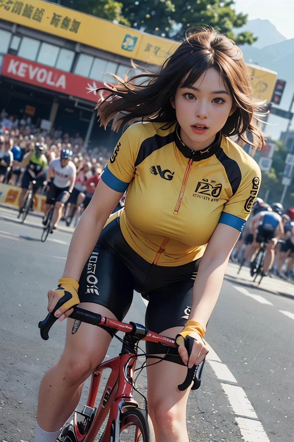 (Super detailed, 8k, original photo, best quality, masterpiece:1.2), High-detail RAW color photos, Professional photos, (whole body:0.6), (actual, photo actual:1.37), ((best quality)), 1 girl, Light, (Facial details are more delicate:1.2), (masterpiece:1.5), (best quality:1.2), (big breasts:1.4), from below, Beautiful female cyclist pedaling bicycle dynamically during road race, high quality (4K/8k), (actual style:1.37), bright colors, 生动的灯Light, detailed facial features, strong muscle, determined expression, aerodynamic jersey, Light滑的头盔, Attentive eyes, flowing hair, Smooth pedaling action, Intense competition, cheering crowd, mountain background, Challenging race route, Professional equipment, High performance road bike, speed, enthusiasm, adrenaline, (slow motion:1.4), (motion blur:1.3), dynamic angle,