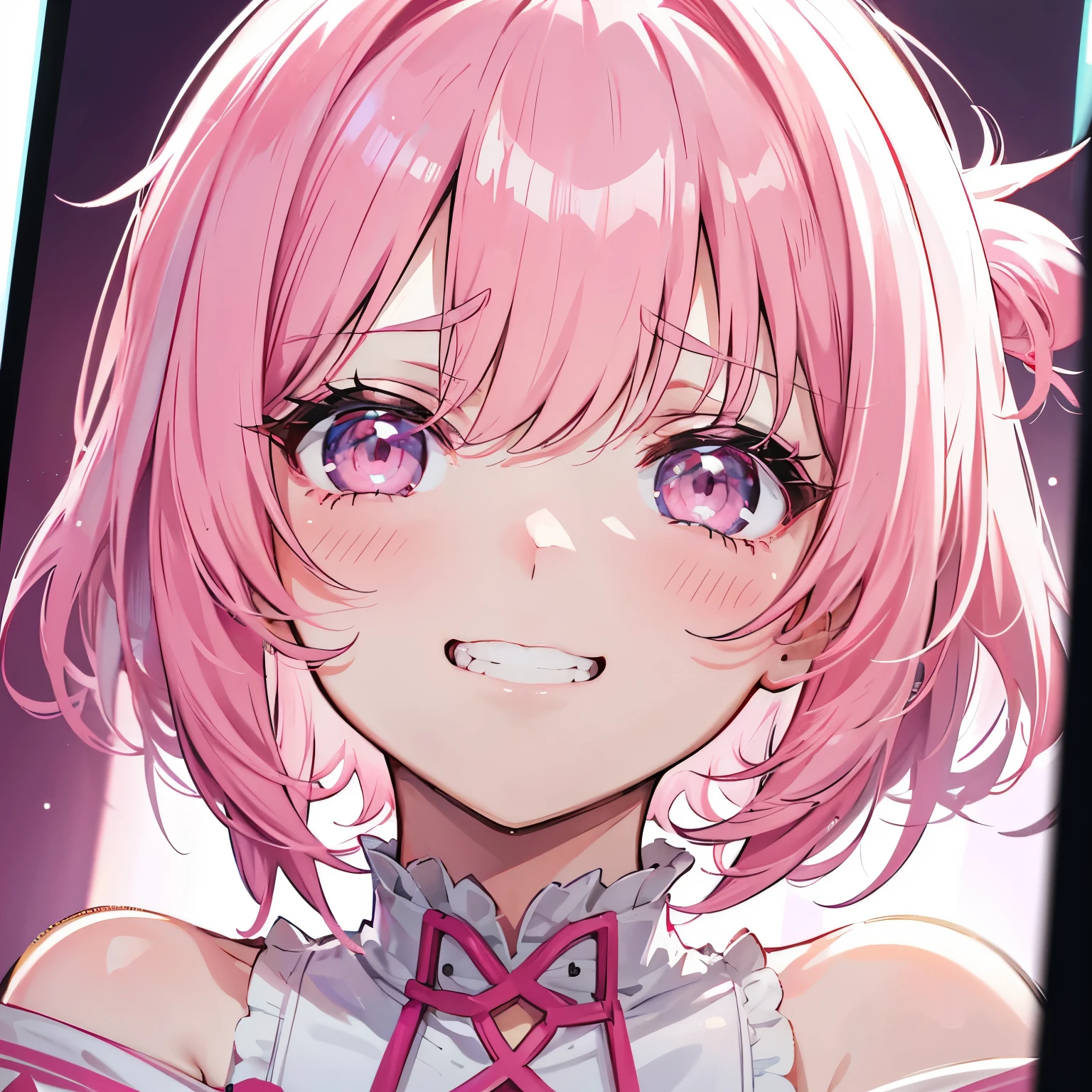 extreme close up face, Short off-shoulder hair in pink and white,Dignified and wonderful Girl, in a game center, grin