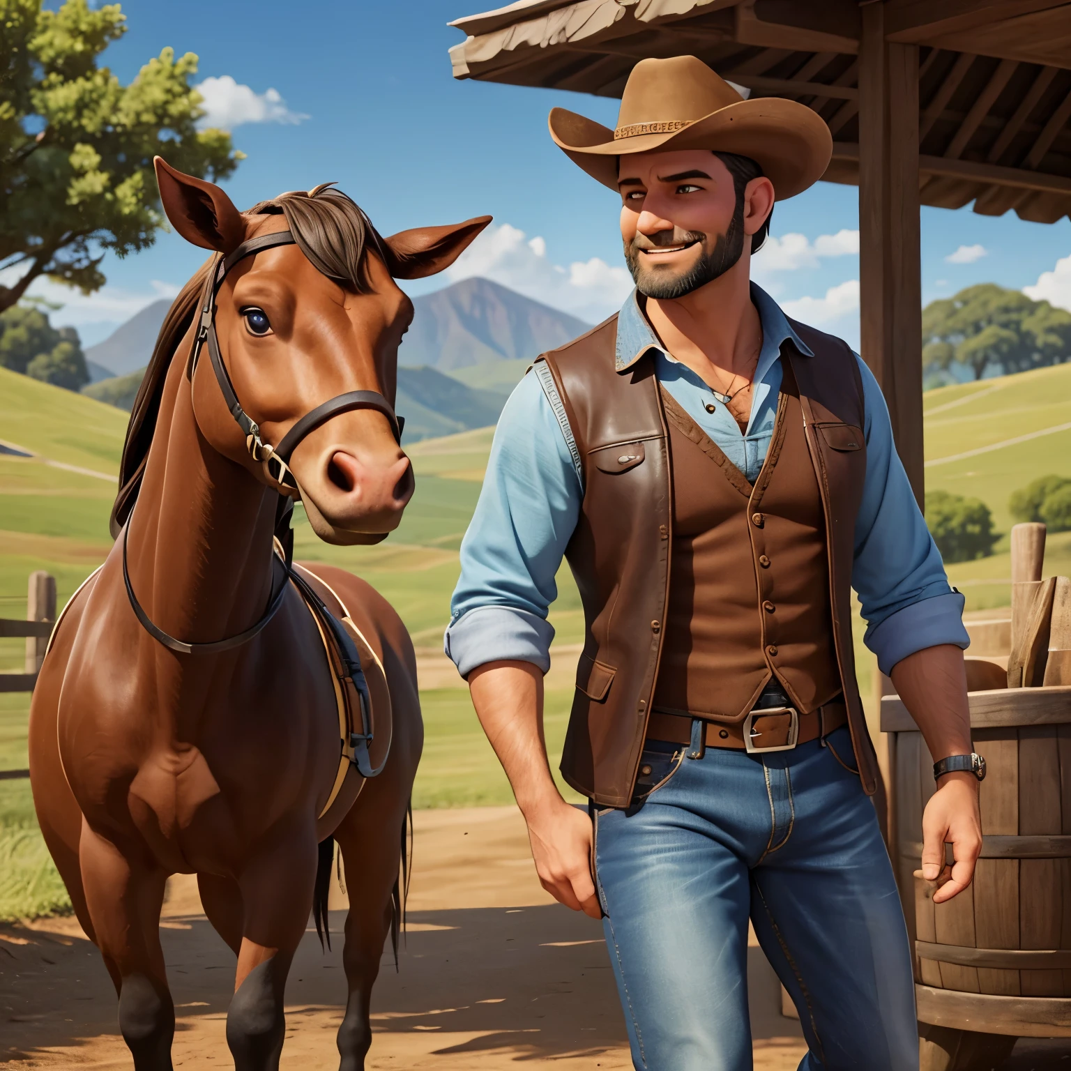 Create a Captivating Illustration of a 46-Year-Old Cowboy, inspirado no estilo sertanejo, em meio a um ambiente rural. O vaqueiro deve apresentar uma barba baixa, vestindo uma camisa azul celeste, colete marrom escuro, jeans, leather boots and a sturdy leather belt. Ele deve estar sorrindo, giving a gesture of approval with the thumb of the right hand.

In the background of the illustration, desenhe uma cerca delimitando um pasto onde vacas brancas e bezerros pastam tranquilamente. Ao lado da cerca, amarre um cavalo selado de cor preta, adding an authentic touch to the country scene.