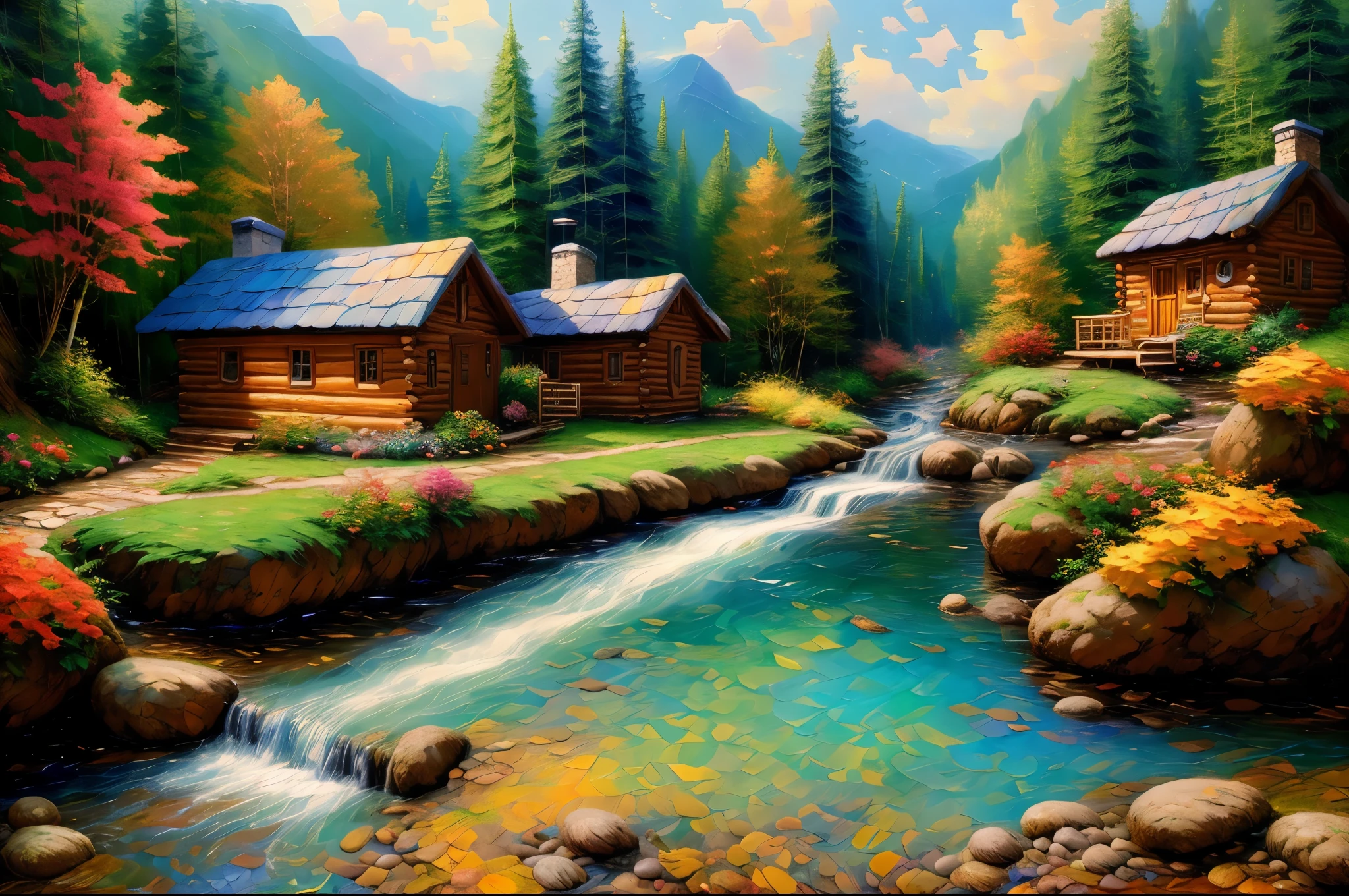 painting of a cabin in a mountain stream with a waterfall, children play around cabin,  4 k oil painting, beautiful oil matte painting, oil painting 4 k, oil painting 4k, cottage in the forest, beautiful oil painting on canvas, beautiful digital painting, smooth oil painting, beautiful art uhd 4 k, 8 k hd detailed oil painting, oil digital painting, Inspired by Thomas Kinkade.