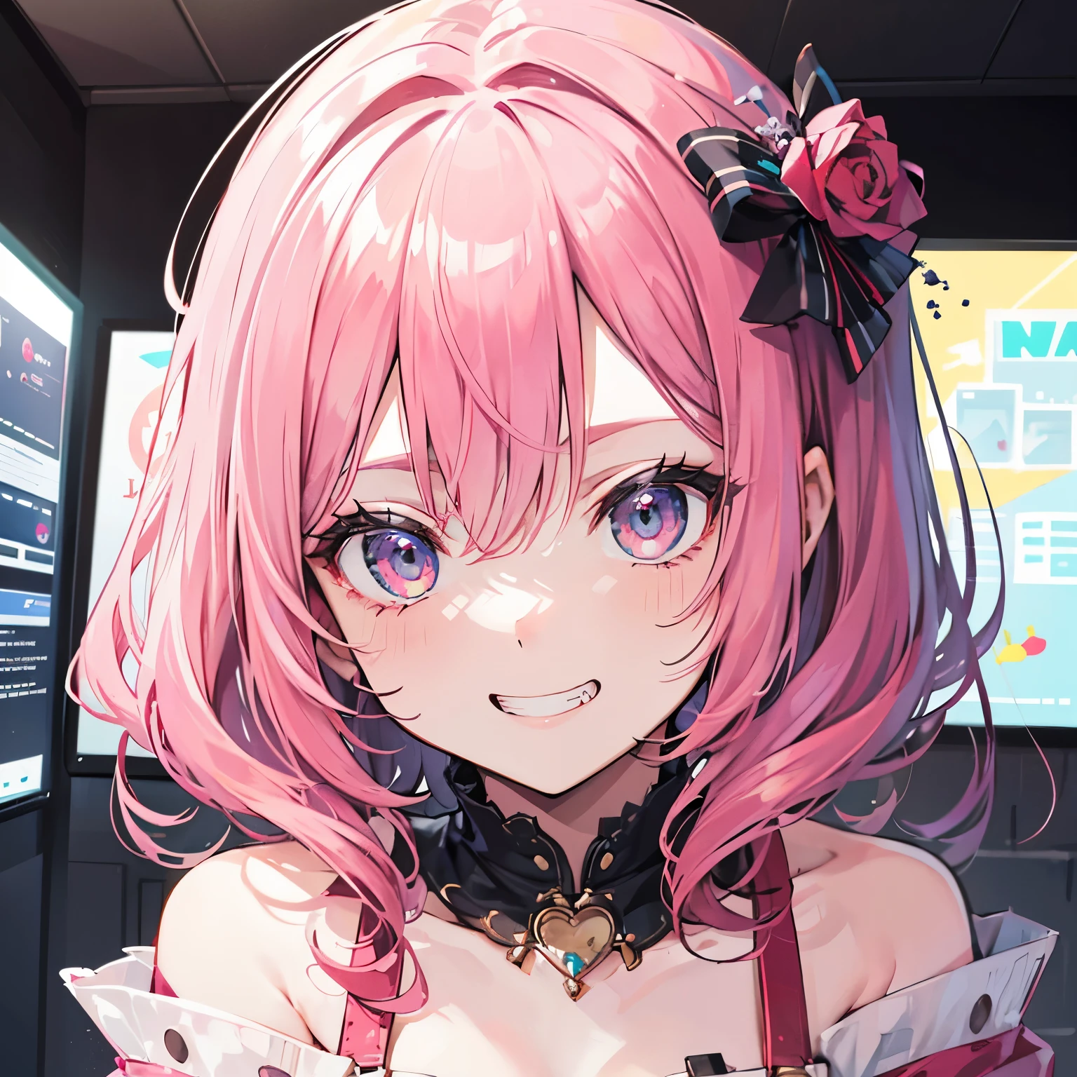 extreme close up face, Short off-shoulder hair in pink and white,Dignified and wonderful Girl, in a game center, grin