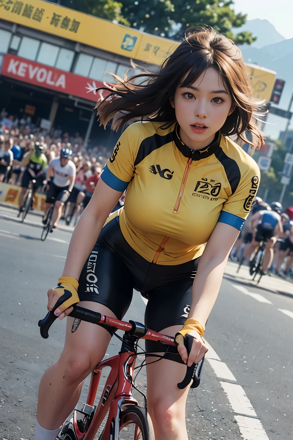 (Super detailed, 8k, original photo, best quality, masterpiece:1.2), High-detail RAW color photos, Professional photos, (whole body:0.6), (actual, photo actual:1.37), ((best quality)), 1 girl, Light, (Facial details are more delicate:1.2), (masterpiece:1.5), (best quality:1.2), (big breasts:1.4), from below, Beautiful female cyclist pedaling bicycle dynamically during road race, high quality (4K/8k), (actual style:1.37), bright colors, 生动的灯Light, detailed facial features, strong muscle, definite expression, aerodynamic jersey, Light滑的头盔, Attentive eyes, flowing hair, Smooth pedaling action, Intense competition, cheering crowd, mountain background, Challenging race route, Professional equipment, High performance road bike, speed, enthusiasm, adrenaline, (slow motion:1.4), (motion blur:1.3), dynamic angle,