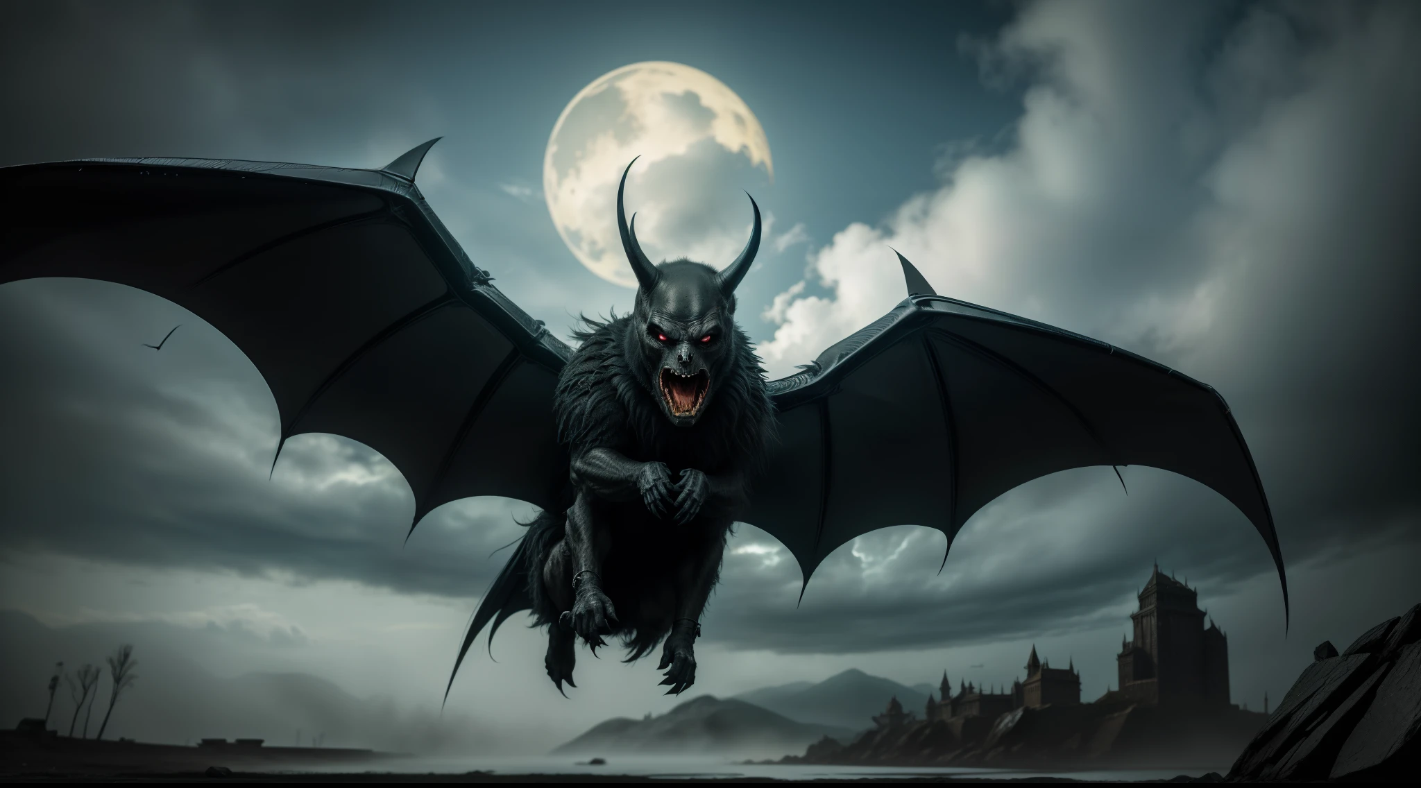  Painting of a demonic anthropomorphic winged bat, volando en la noche, carnificina, Sci - The Art of Horror Fiction, Science fiction horror arts, inspirado em Aleksi Briclot, As presas da carnificina, Horror art in the fantasy genre, Dirigida por: Aleksi Briclot, arte conceitual de terror, veneno, Arte de fantasia e terror, ((lente: 10 mm, panoramica)), Detailed horror illustration, Viridian hues, White theme