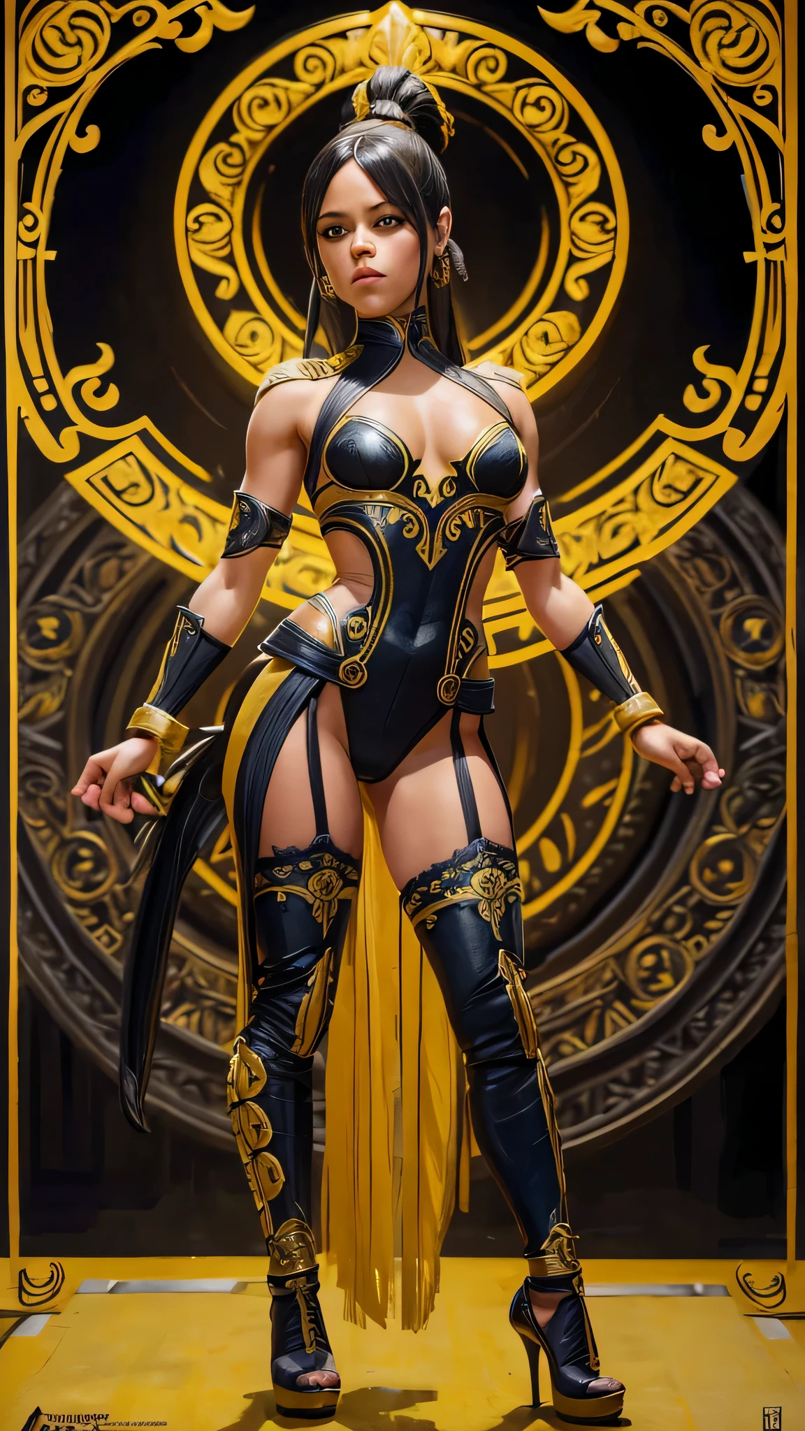 jenna_ortega as tanyaMK1 from Mortal Kombat, long, black pig tails, yellow revealing bodysuit, black ornate details, yellow stockings, high heels, in a tomb, intricate, high detail, sharp focus, dramatic, photorealistic painting art by greg rutkowski