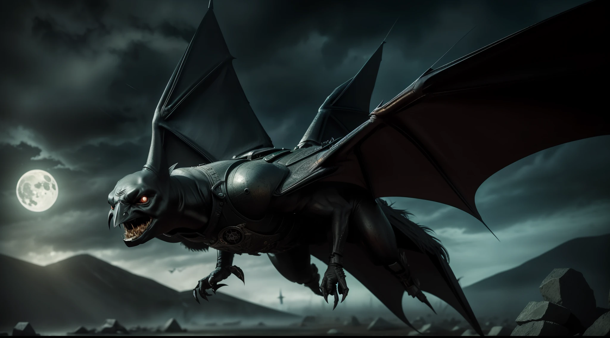Painting of a demonic anthropomorphic winged bat, volando en la noche, carnificina, Sci - The Art of Horror Fiction, Science fiction horror arts, inspirado em Aleksi Briclot, As presas da carnificina, Horror art in the fantasy genre, Dirigida por: Aleksi Briclot, arte conceitual de terror, veneno, Arte de fantasia e terror, ((lente: 10 mm, panoramica)), Detailed horror illustration, Viridian hues, White theme