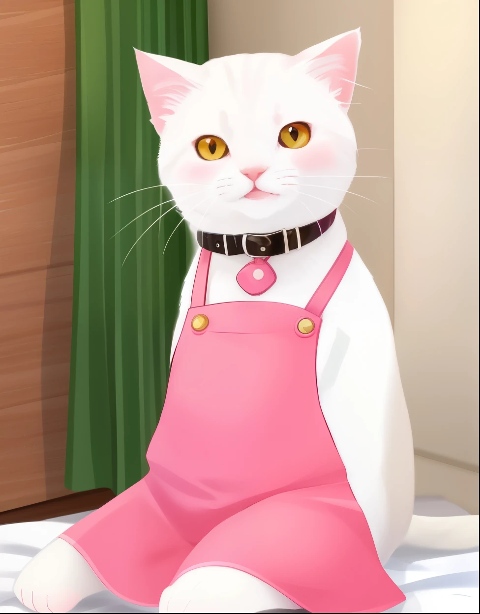 there is a white cat with pink cheeks sitting on a bed, funny cat, are-bure-boke!!!!!!!!, sussy baka, thunder, by Werner Tübke, !!!! cat!!!!, red - cheeks!!, meme, tummy, chonker cat, are bure boke, funny picture, exploitable image, white cat in a pink dress, shiny red, smiling