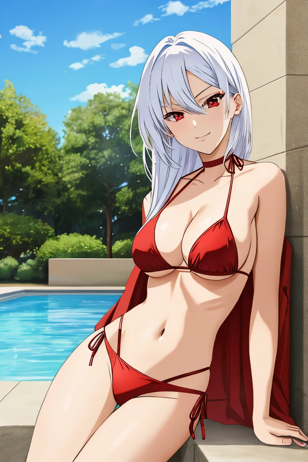 Anime, Hot Girl, Red Eyes, white hair, Looking at the viewer of the picture, wearing a bikini, smirking