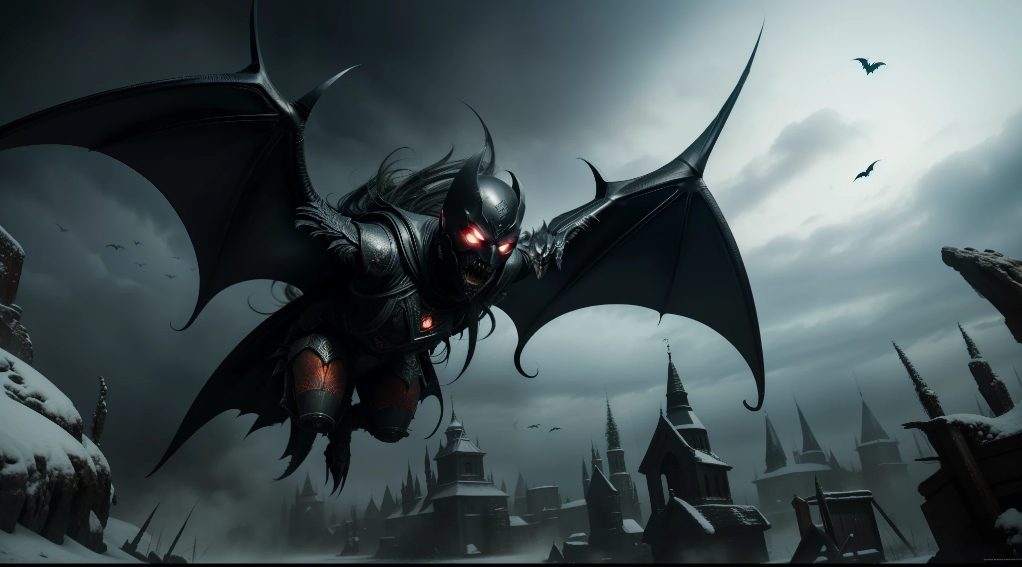 Painting of a demonic anthropomorphic winged bat, volando en la noche, carnificina, Sci - The Art of Horror Fiction, Science fiction horror arts, inspirado em Aleksi Briclot, As presas da carnificina, Horror art in the fantasy genre, Dirigida por: Aleksi Briclot, arte conceitual de terror, veneno, Arte de fantasia e terror, ((lente: 10 mm, panoramica)), Detailed horror illustration, Viridian hues, White theme