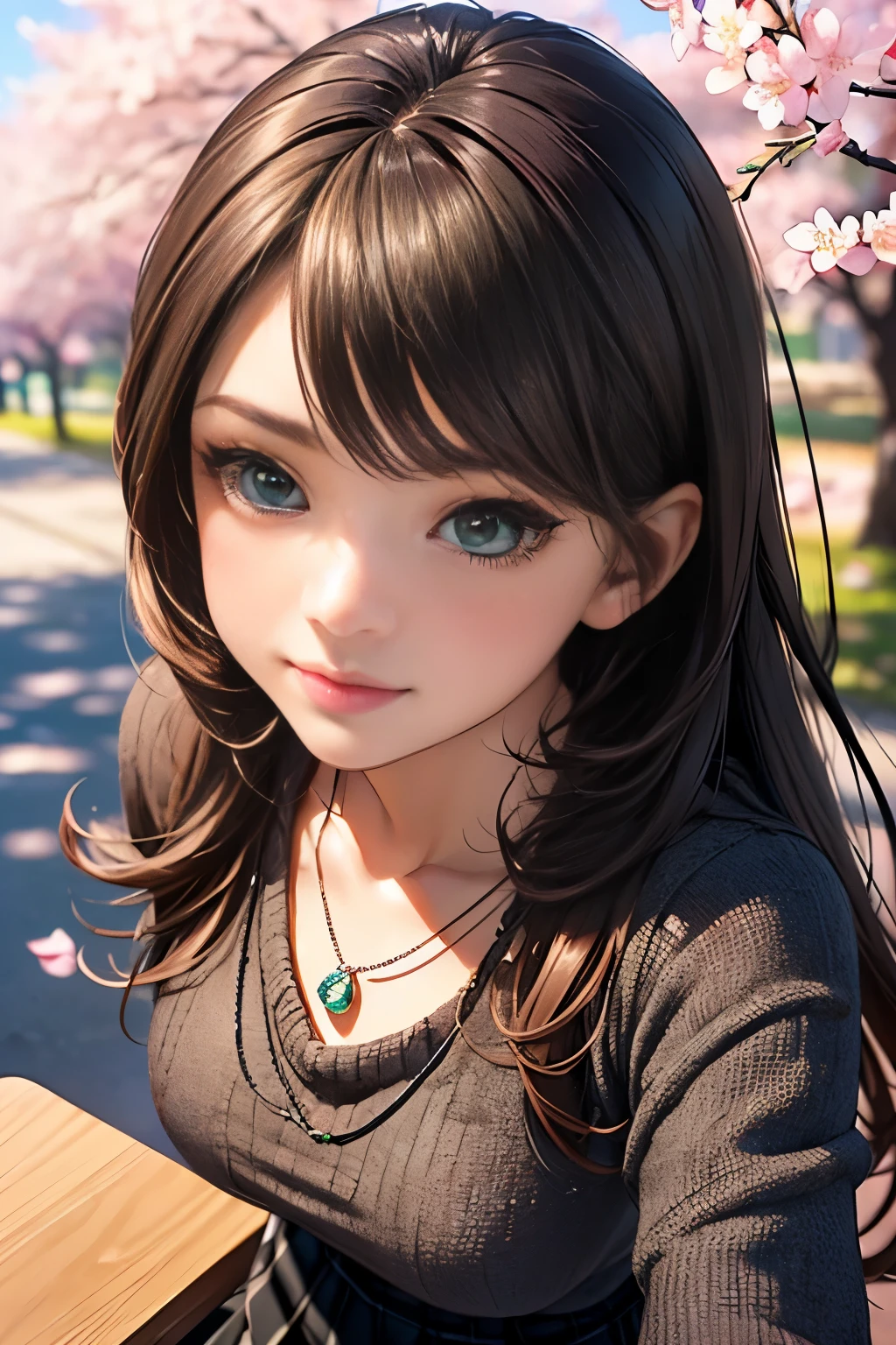 ((table top, highest quality, High resolution, nffsw, perfect pixel, written boundary depth, 4K, nffsw, nffsw))), 1 girl, single, alone, beautiful anime girl, beautiful art style, anime character, ((long hair, bangs, brown hair)), ((green eyes:1.4, round eyes, beautiful eyelashes, realistic eyes)), ((detailed face, blush:1.2)), ((smooth texture:0.75, realistic texture:0.65, realistic:1.1, Anime CG style)), dynamic angle, ((throw, Selfie Pose, portrait)), ((Black sweater, long sleeve, black skirt, plaid skirt, Fashionable, 1 diamond necklace)), smile, amusement park, ((cherry blossoms, cherry blossomsの花が散る))