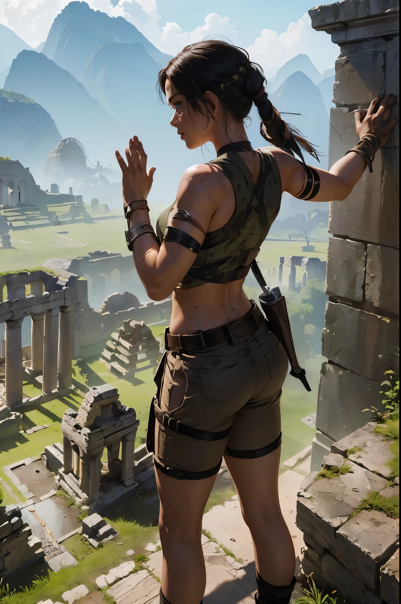 (((landscape of ancient civilization ruins))), there was a beautiful young explorer girl standing in the distance, ((wearing a tomb raider outfit))