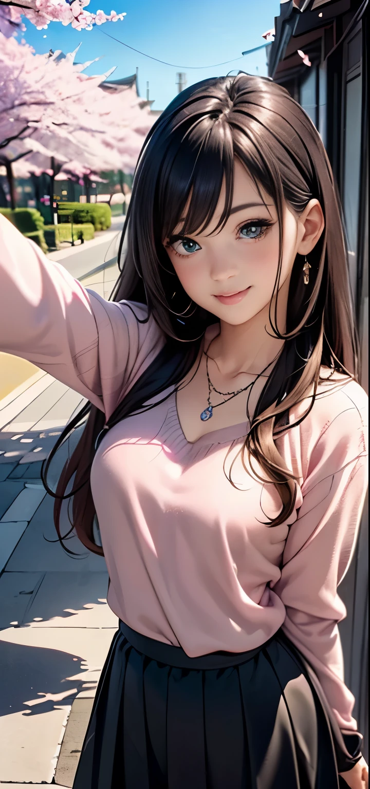 ((table top, highest quality, High resolution, nffsw, perfect pixel, written boundary depth, 4K, nffsw, nffsw))), 1 girl, single, alone, beautiful anime girl, beautiful art style, anime character, ((long hair, bangs, brown hair)), ((green eyes:1.4, round eyes, beautiful eyelashes, realistic eyes)), ((detailed face, blush:1.2)), ((smooth texture:0.75, realistic texture:0.65, realistic:1.1, Anime CG style)),  dynamic angle,  ((throw, Selfie Pose, portrait)), ((pink sweater, long sleeve, black skirt, plaid skirt, Fashionable, 1 diamond necklace)), smile,  amusement park, ((cherry blossoms, cherry blossomsの花が散る))