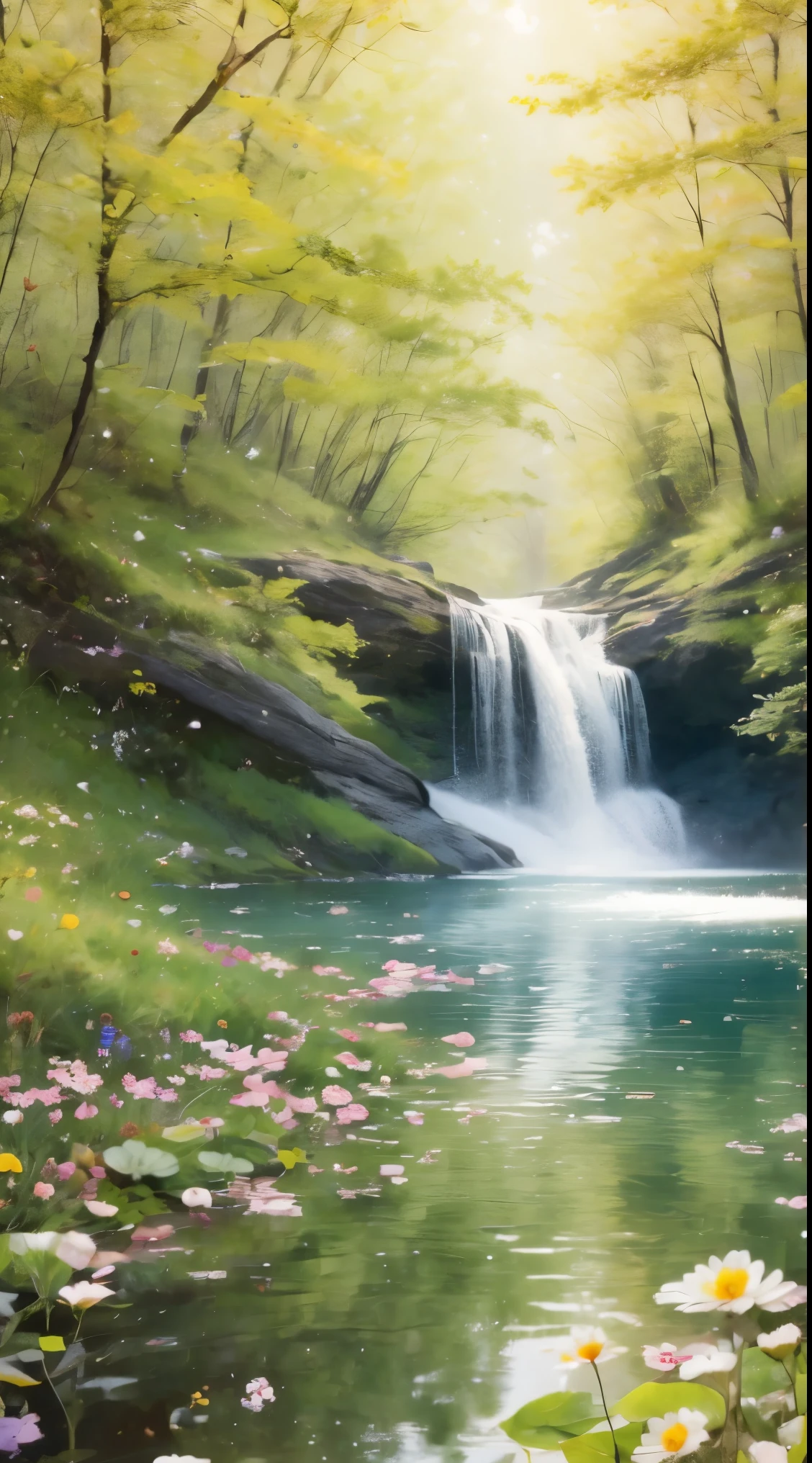 spring in the forest,full of beautiful flowers, Autumn season, Soft colors and dreamy atmosphere, Butterflies flying, a bird drinking water.