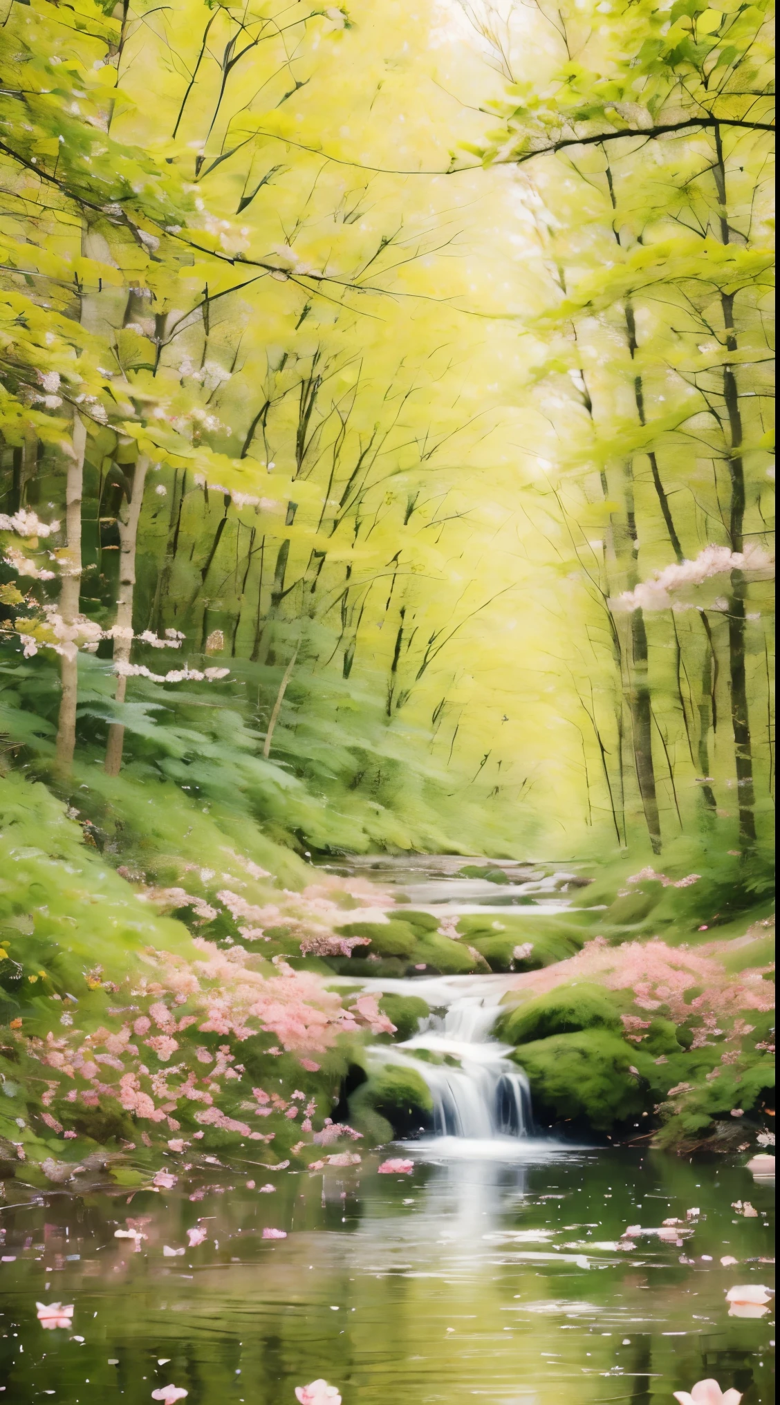 spring in the forest,full of beautiful flowers, Autumn season, Soft colors and dreamy atmosphere, Butterflies flying, a bird drinking water.