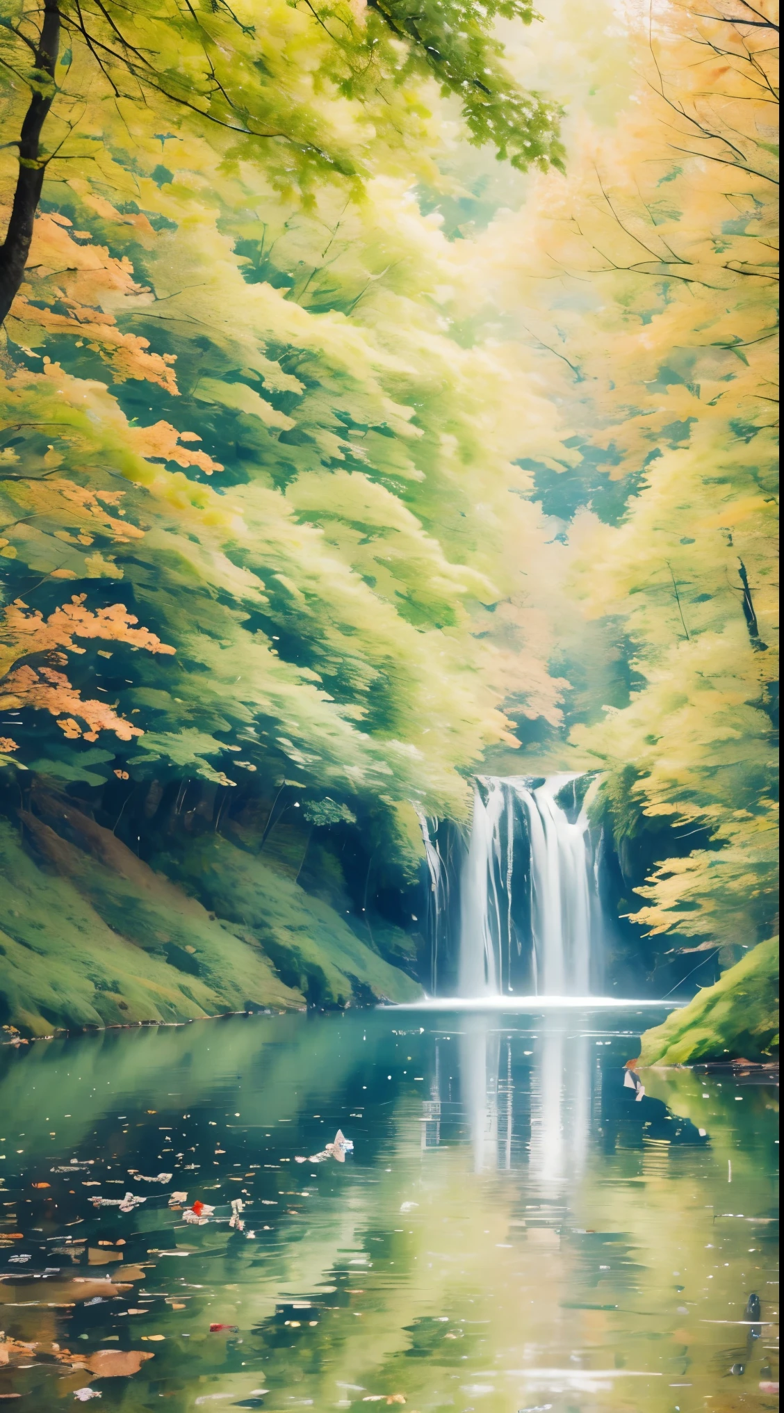 spring in the forest,full of beautiful flowers, Autumn season, Soft colors and dreamy atmosphere, Butterflies flying, a bird drinking water.