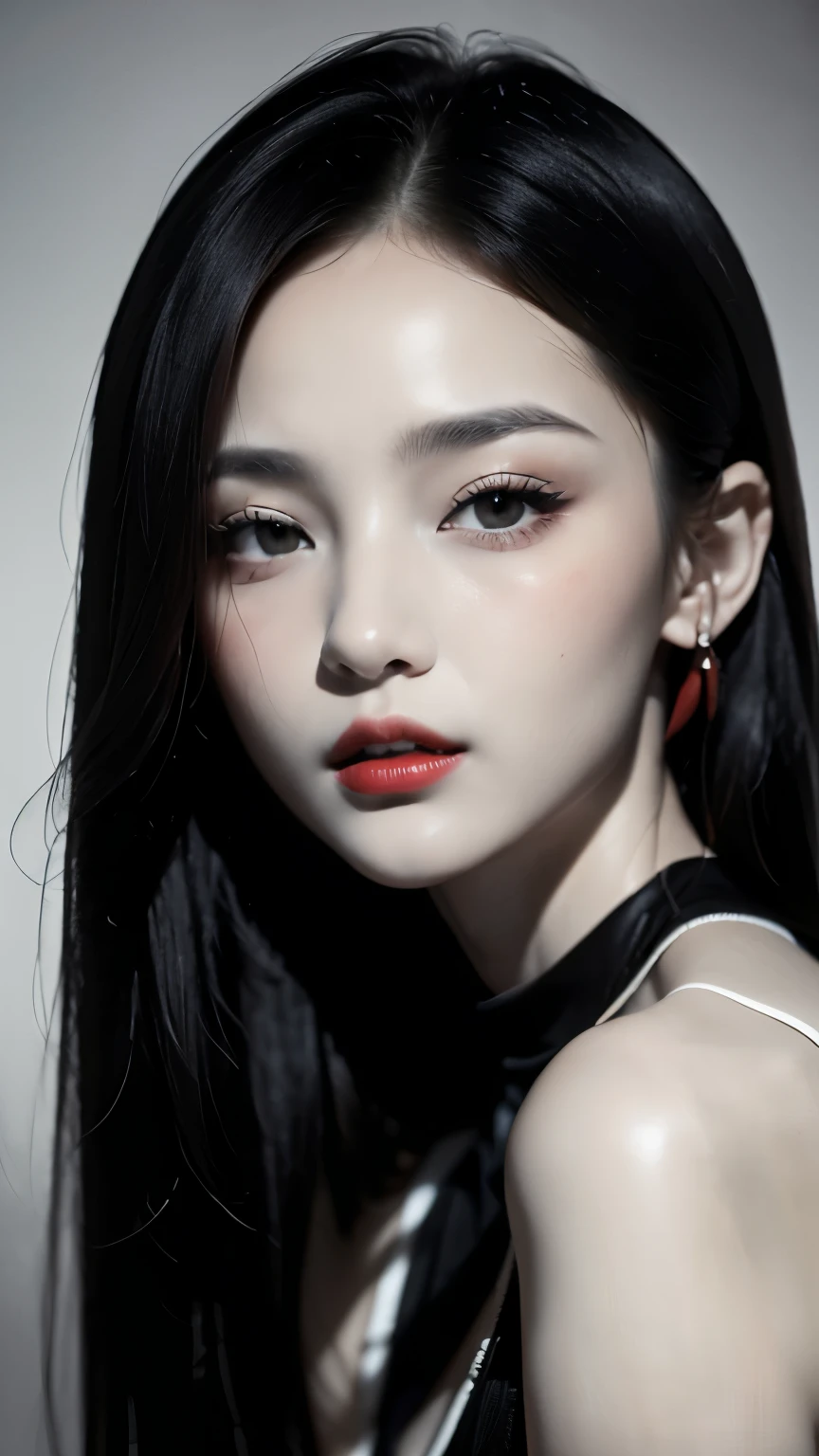 A woman with long black hair and red lipstick posing for a picture ...
