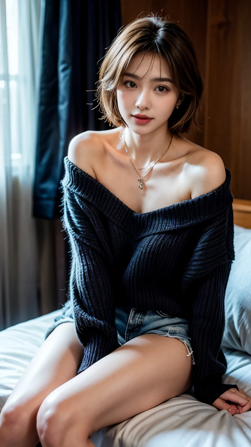 (short hair woman), (off-shoulder sweater, oversized sweater), (hiden short pants), (cross-legged sitting, hands lying on thighs), on bed, medium breasts, deep cleavage, best quality, masterpiece, illustration, very delicate and beautiful, very detailed skin, CG, Unity, 8K wallpapers, amazing, fine detail, highly detailed CG Unity 8K wallpapers, huge file size, high resolution, handsome detailed woman, very detailed eyes and face, Stunning detailed eyes, light on the face, (Best illustration: 1.1), (best shadow: 1.1), ultra high resolution, (photorealistic: 1.1), (photorealistic 1.2:1.1), realistic face proportions,slim,smile,(fluffy black eyes: 1.21), black eyes, looking at the viewer, dark brown hair, earrings, necklaces, hairpins, full body shots, (irregular skin imperfections,veins,moles,skin wrinkles,pores: 1.2), (dark night background: 1.2), (bokeh: 1.4),
