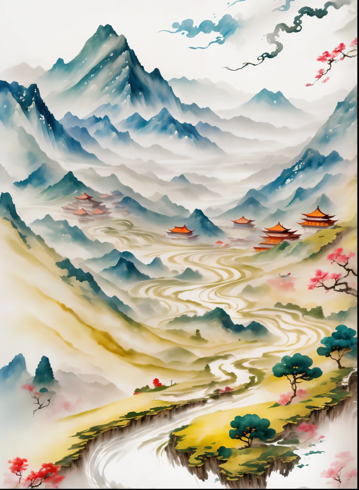 Landscape cartoon pictures, Detailed Landscape—Width 672, mountain background, Chinese scenery, landscape illustration, fushan, Fabulous Huashan, z style art work.show on. arrive, flowing hills, mountain background, Chinese painting style, mountainous terrain, mountain background, Chinese watercolor style, background mountains